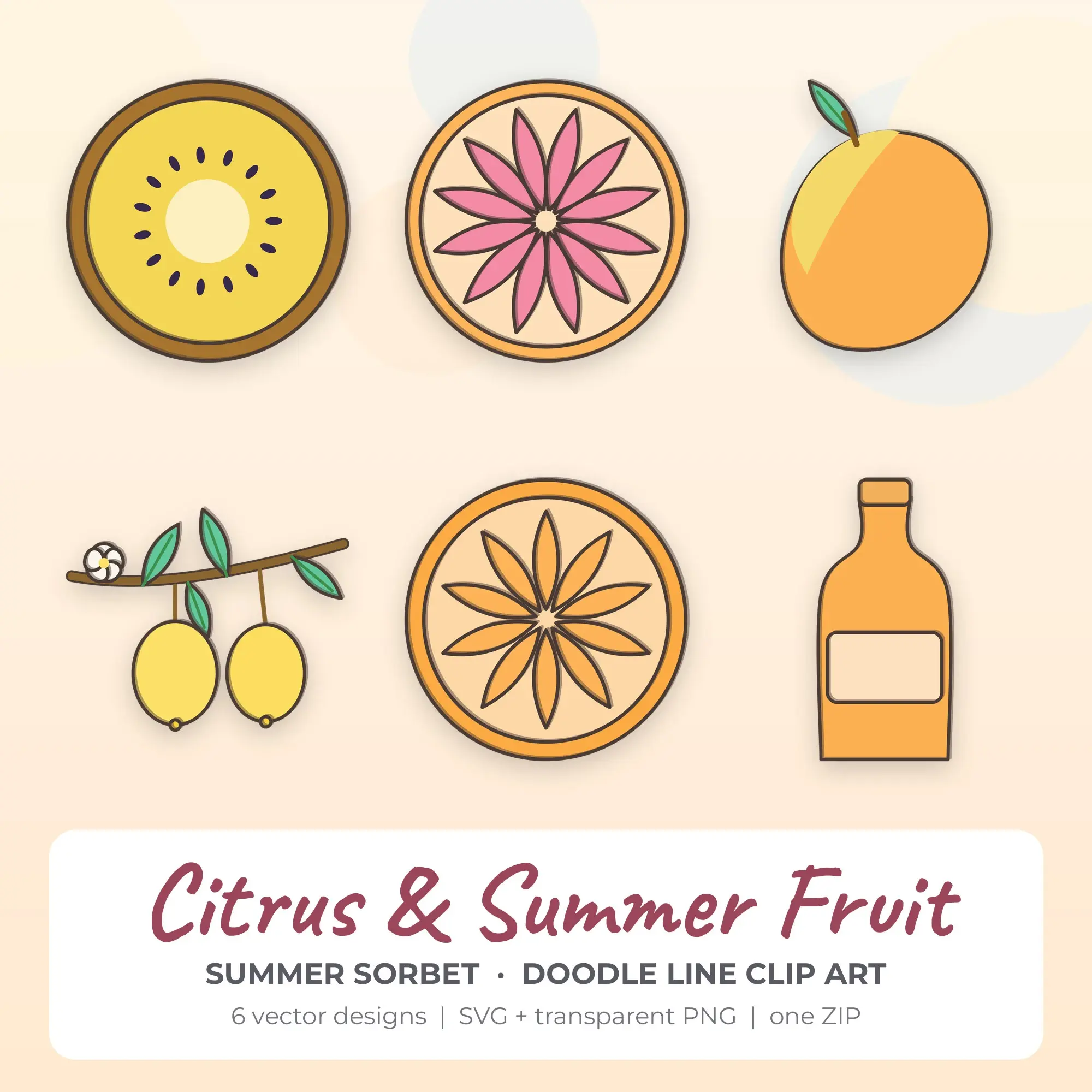 Citrus & Summer Fruit SVG Clipart Pack, Doodle Line Style - 6 Designs preview