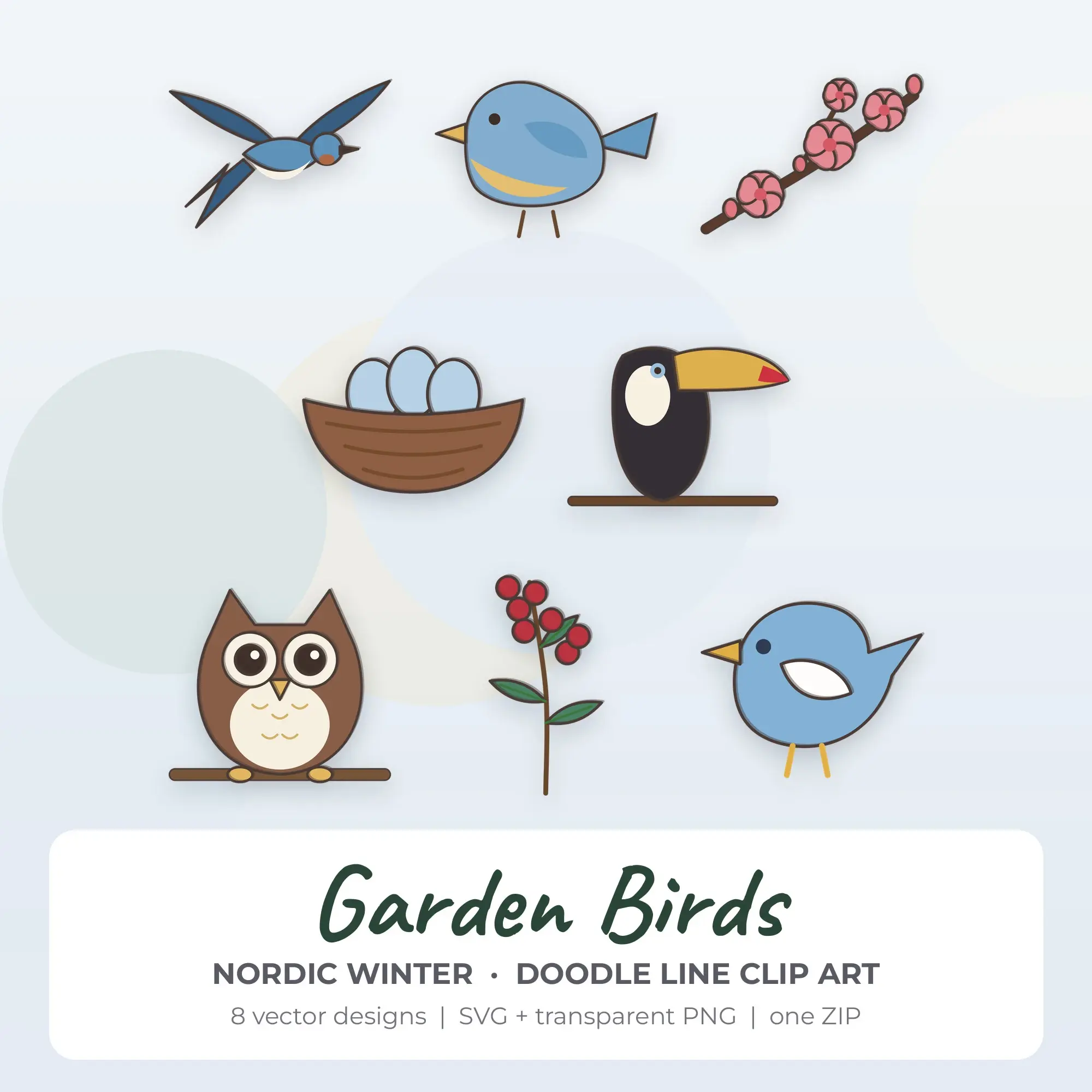 Garden Birds SVG Clipart Pack, Doodle Line Style - 8 Designs preview
