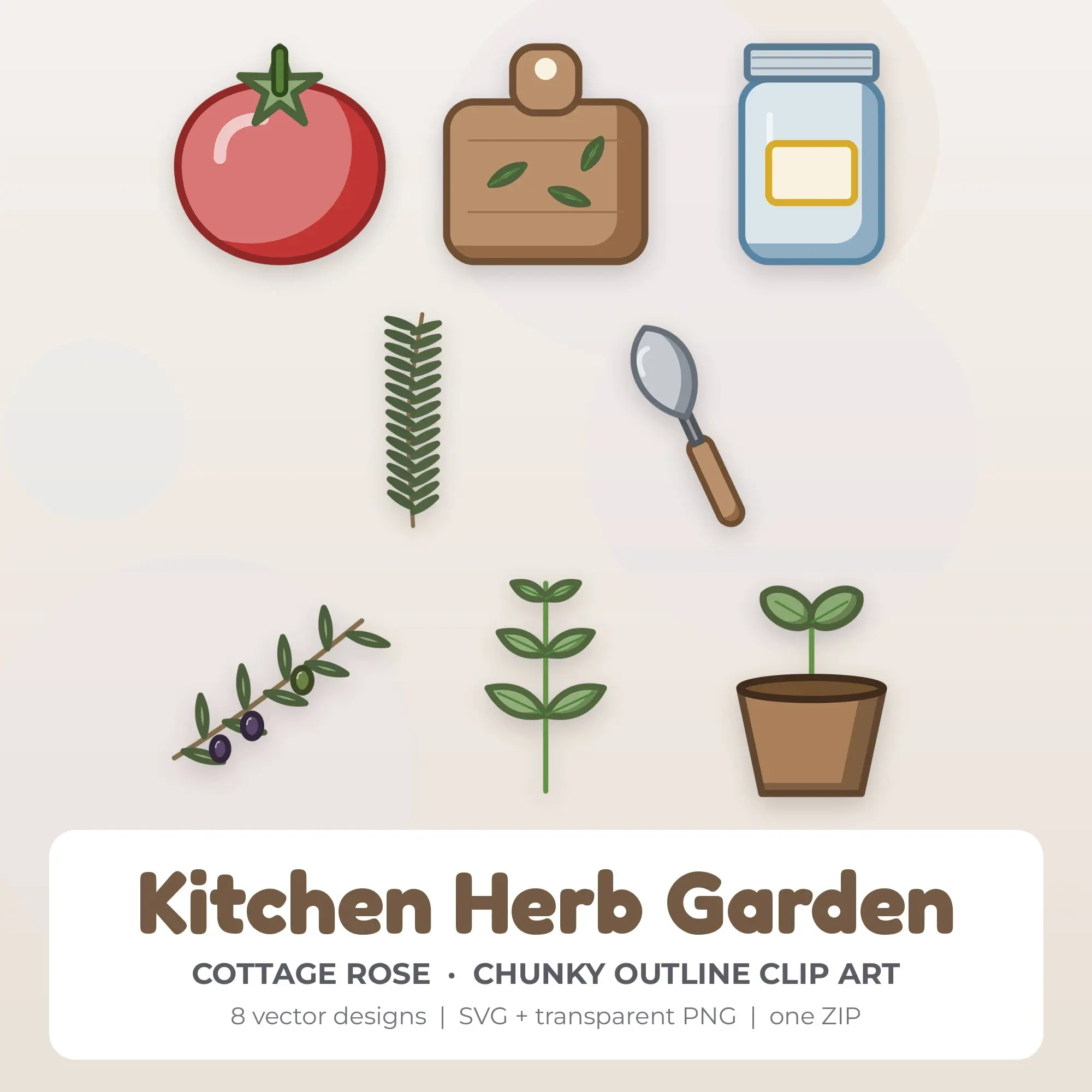 Kitchen Herb Garden Clipart, Cottage Rose Chunky Outline - 8 SVG PNG preview