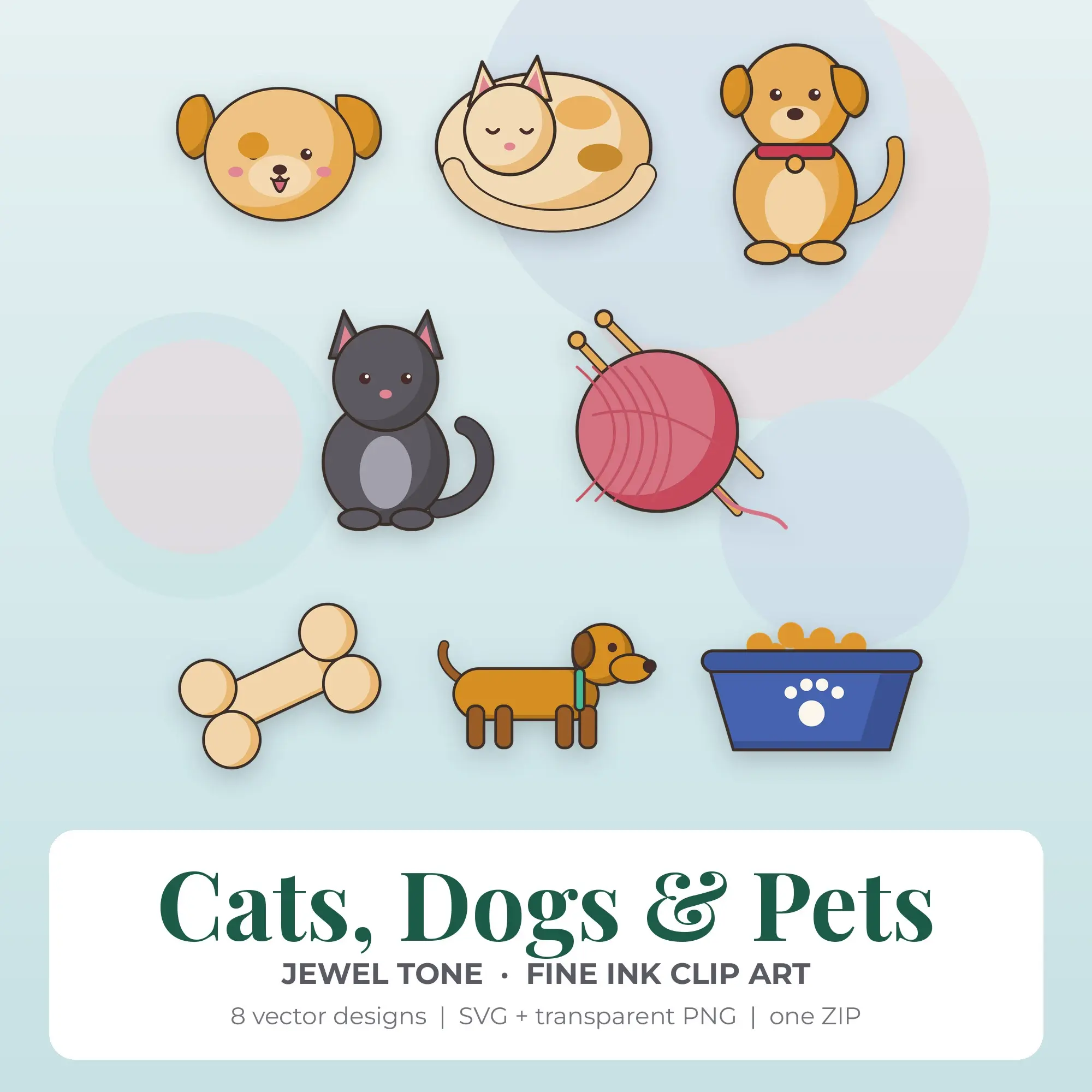 Cats, Dogs & Pets Vector Clip Art in Jewel Tone - 8 Designs preview