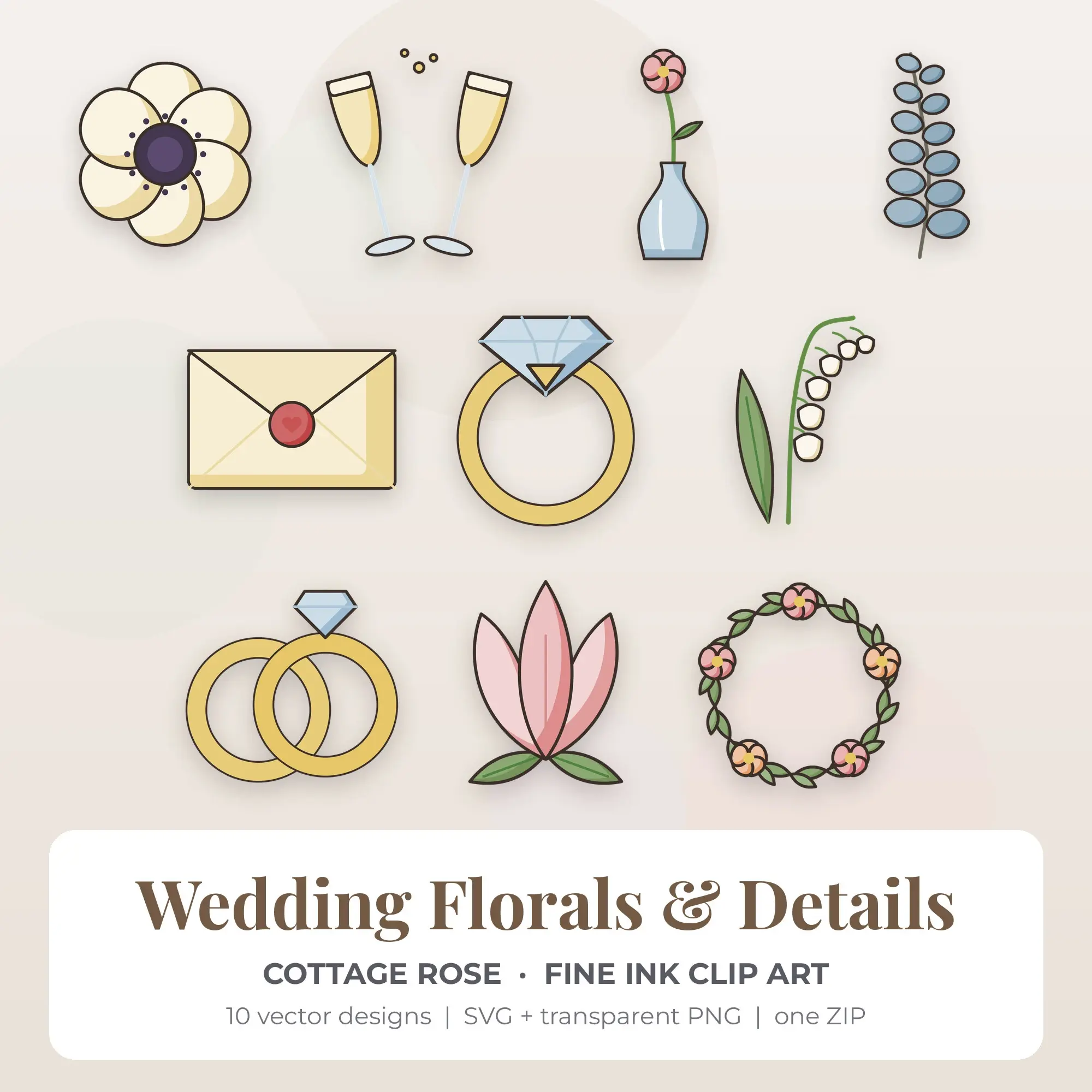 10 Fine Ink Wedding Florals & Details Clipart Illustrations, SVG PNG preview