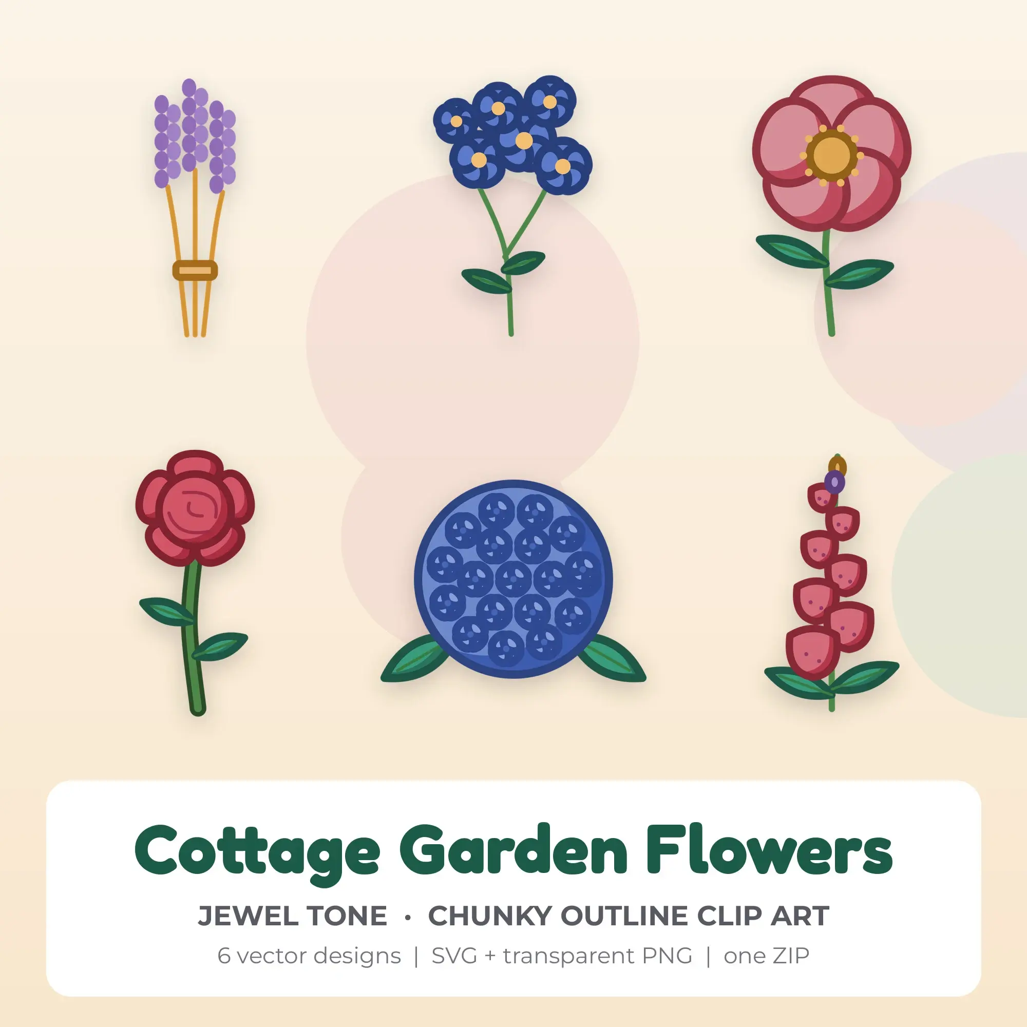 6 Chunky Outline Cottage Garden Flowers Clipart Illustrations, SVG PNG preview