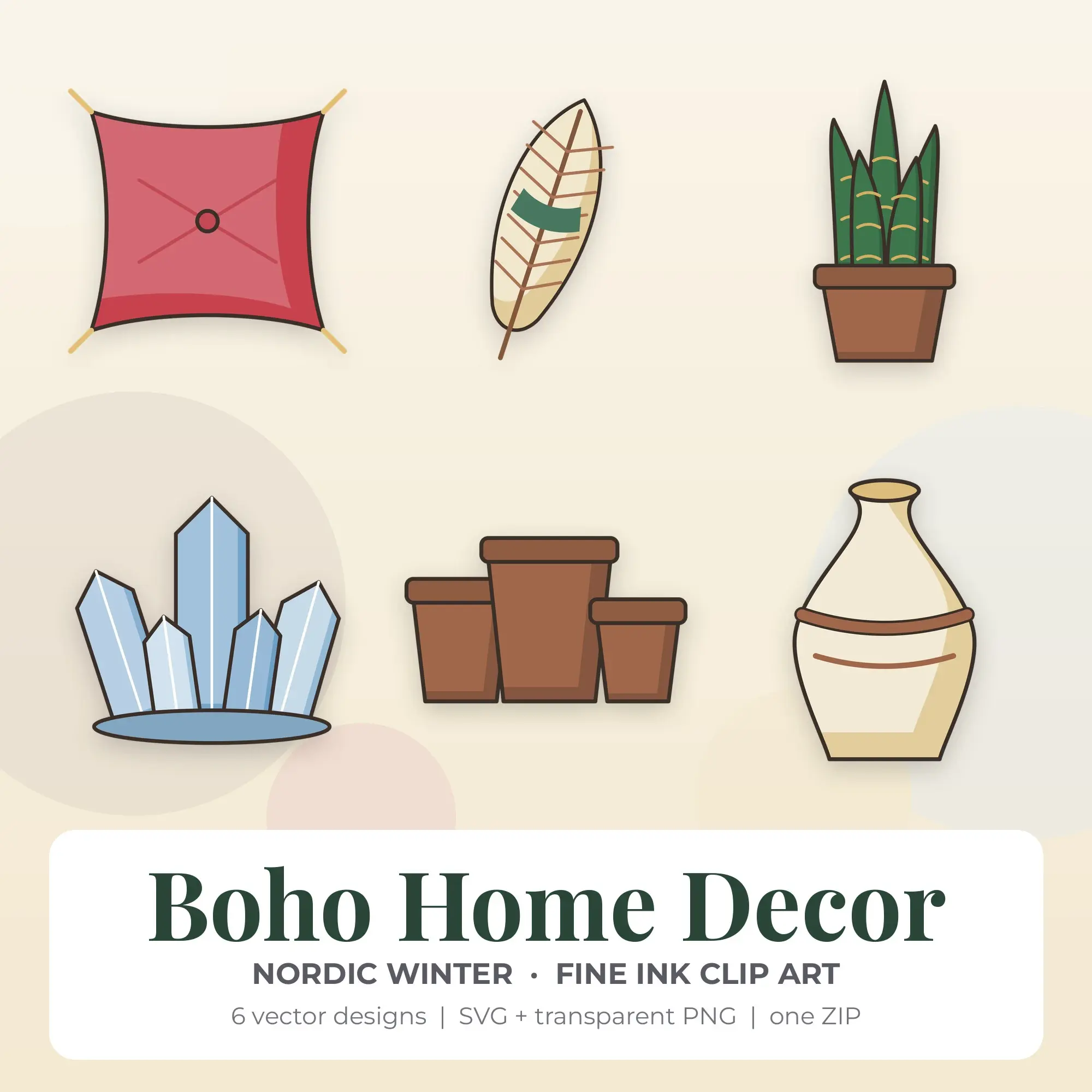Nordic Winter Fine Ink Boho Home Decor Clipart - 6 Vector Files, preview 1 of 2