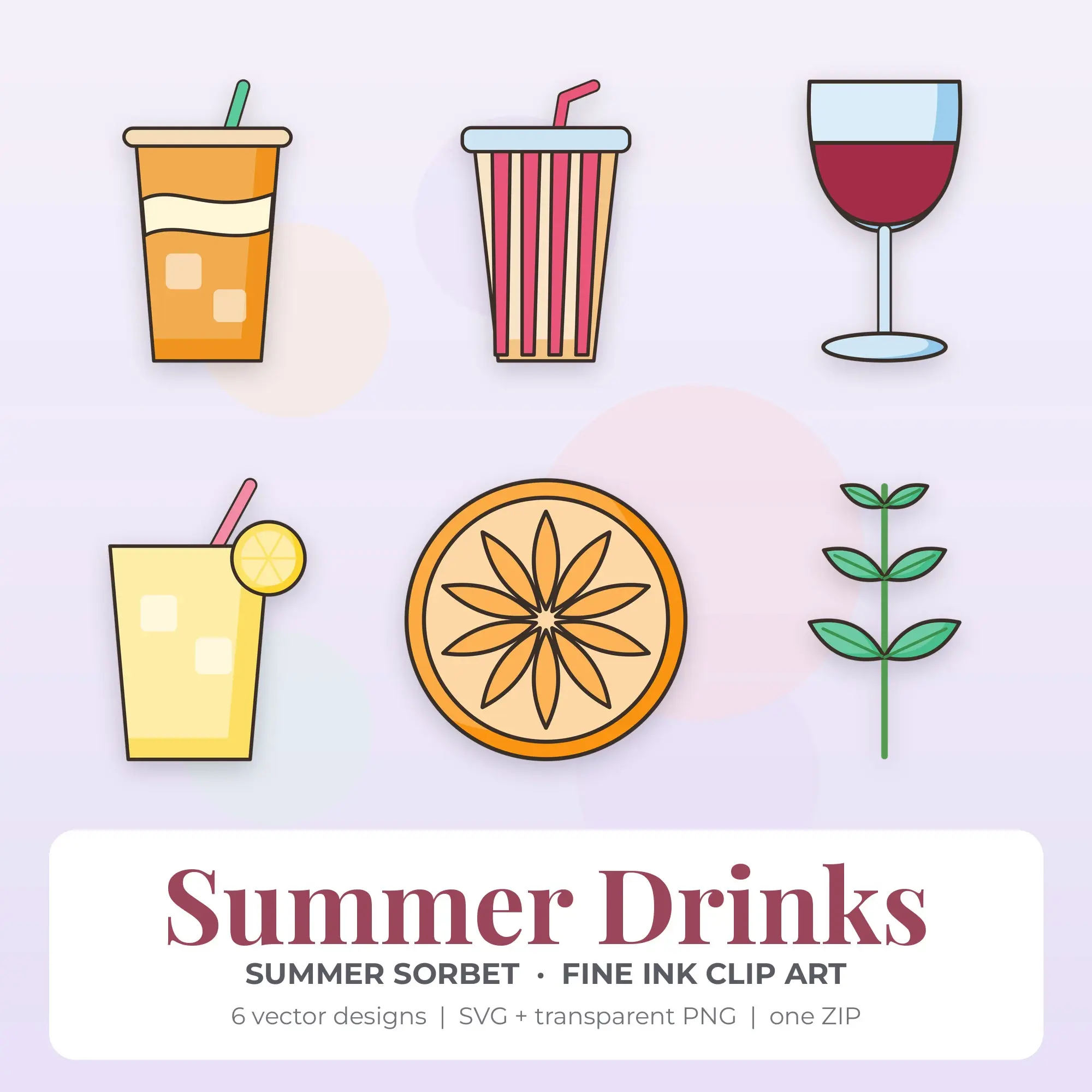 6 Fine Ink Summer Drinks Clipart Illustrations, SVG PNG preview