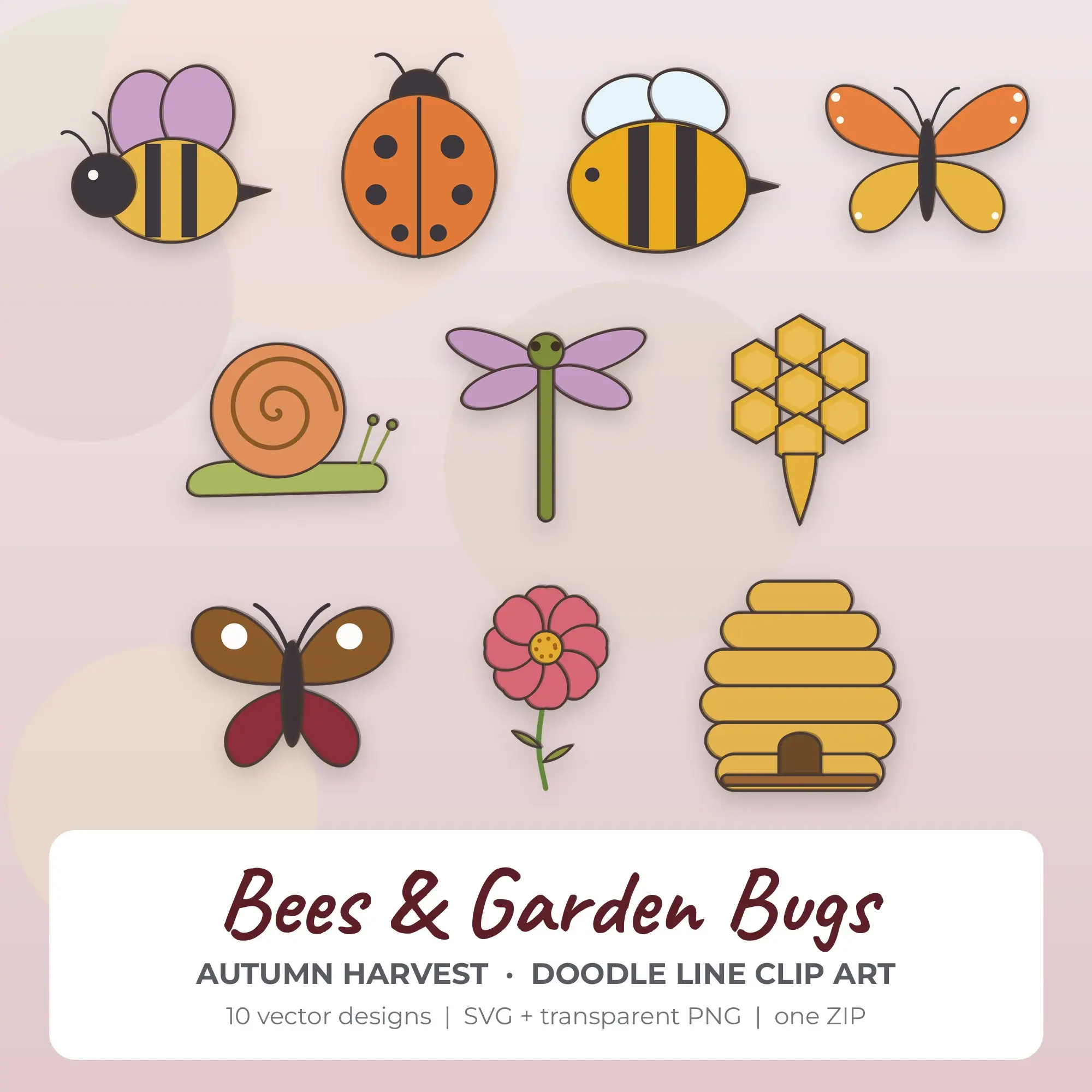 Bees & Garden Bugs Vector Clip Art in Autumn Harvest - 10 Designs preview