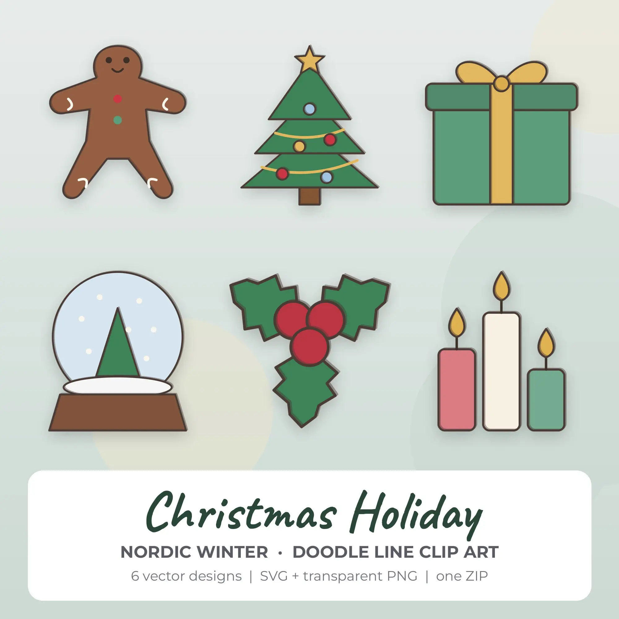Christmas Holiday Clipart, Nordic Winter Doodle Line - 6 SVG PNG preview