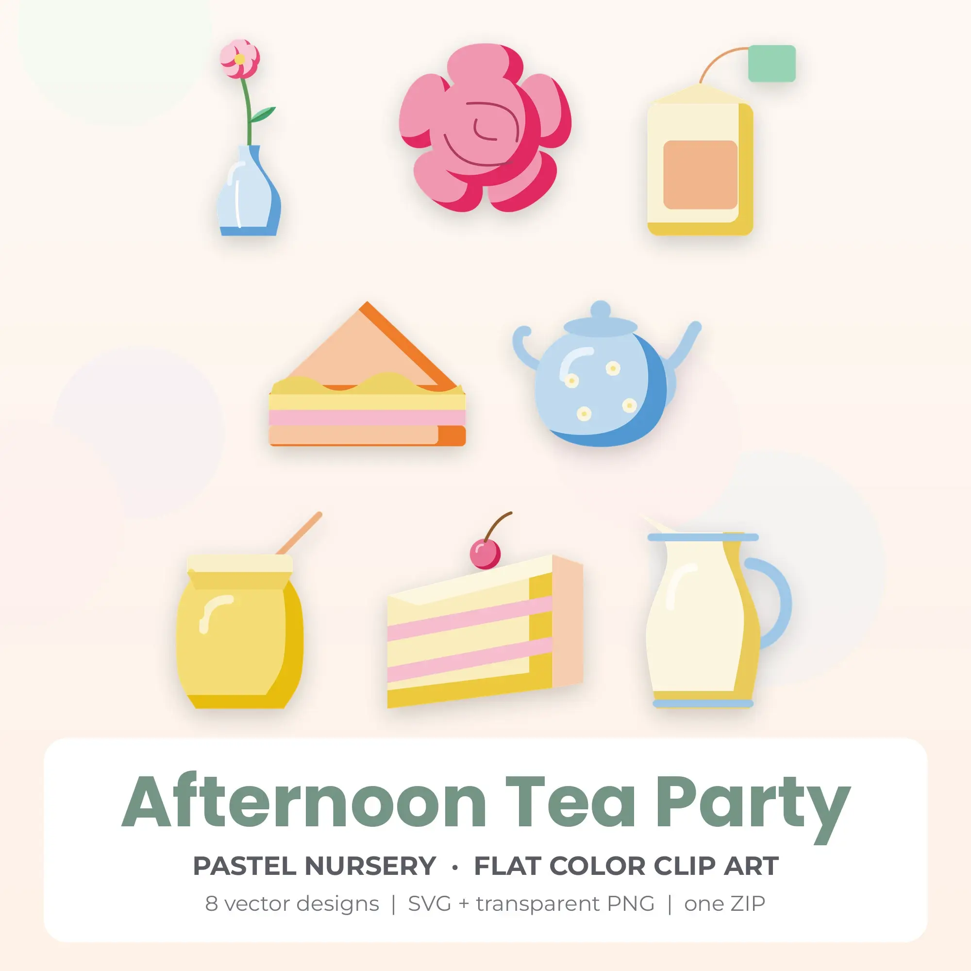 Afternoon Tea Party Vector Clip Art in Pastel Nursery - 8 Designs preview