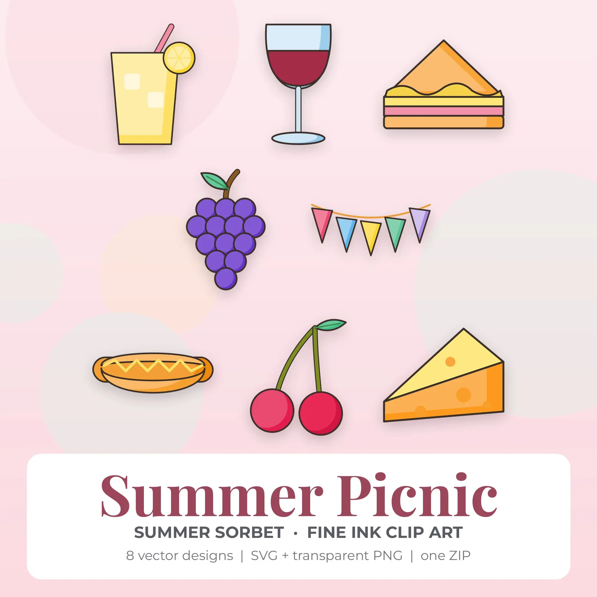 Summer Picnic Clipart, Summer Sorbet Fine Ink - 8 SVG PNG preview