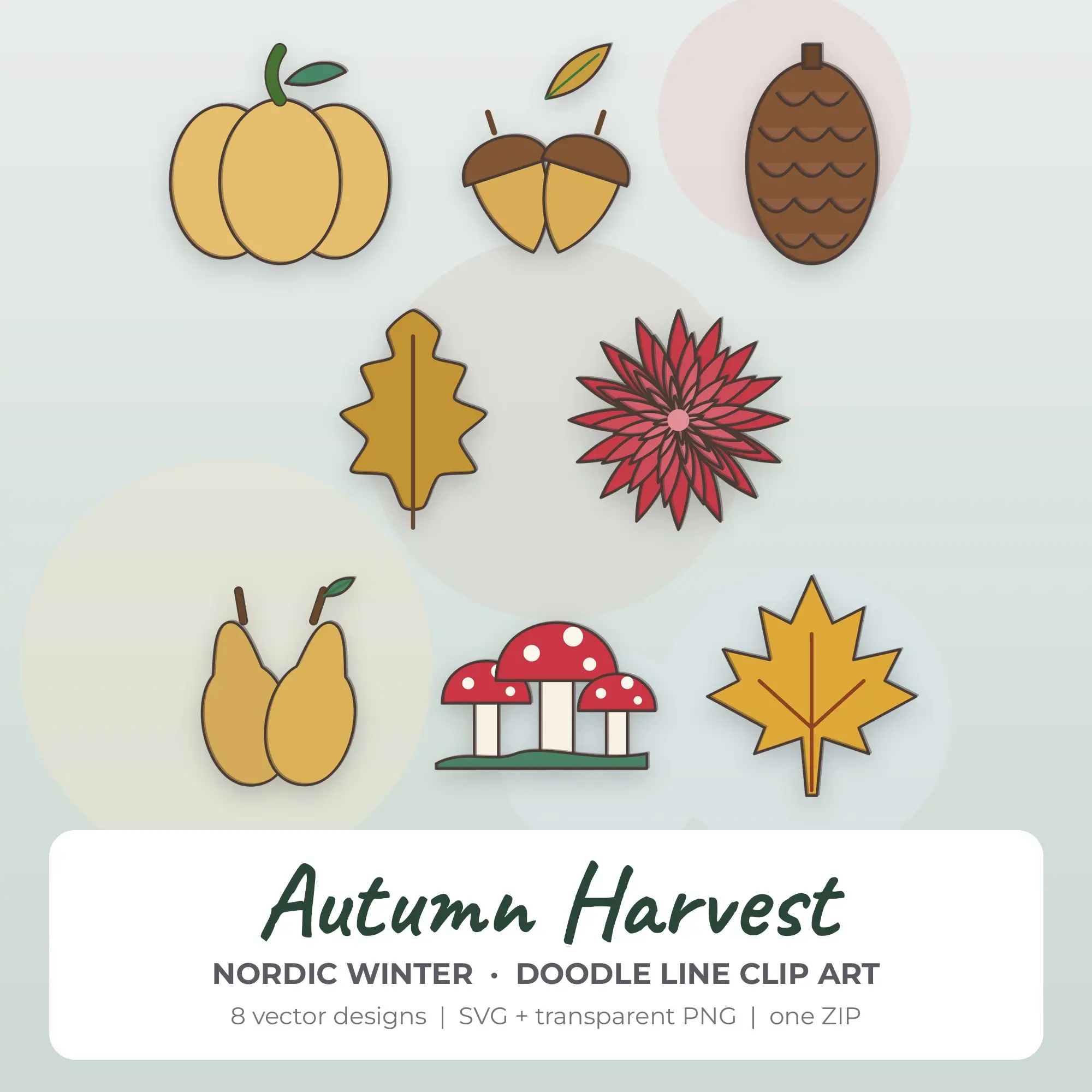 Autumn Harvest SVG Clipart Pack, Doodle Line Style - 8 Designs preview
