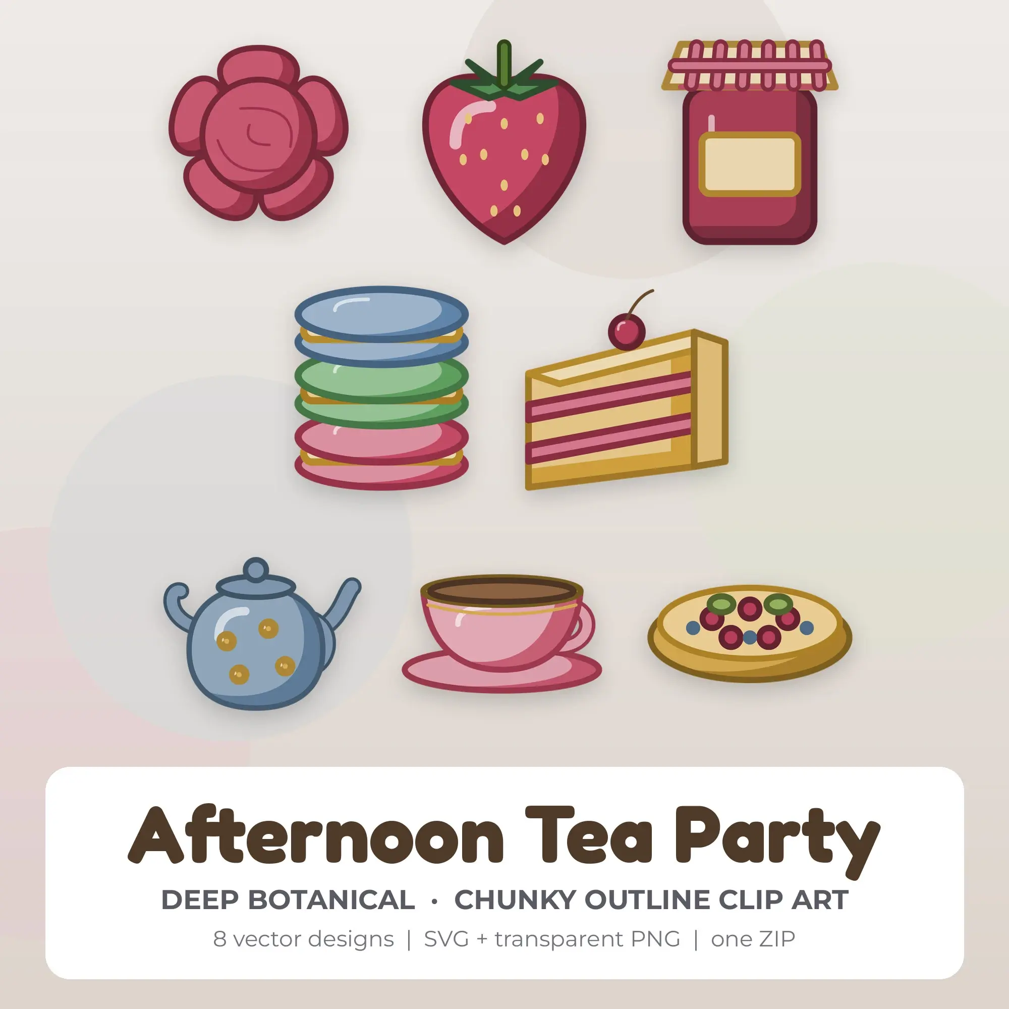 Deep Botanical Afternoon Tea Party Clip Art Set - 8 Vector SVG PNG preview