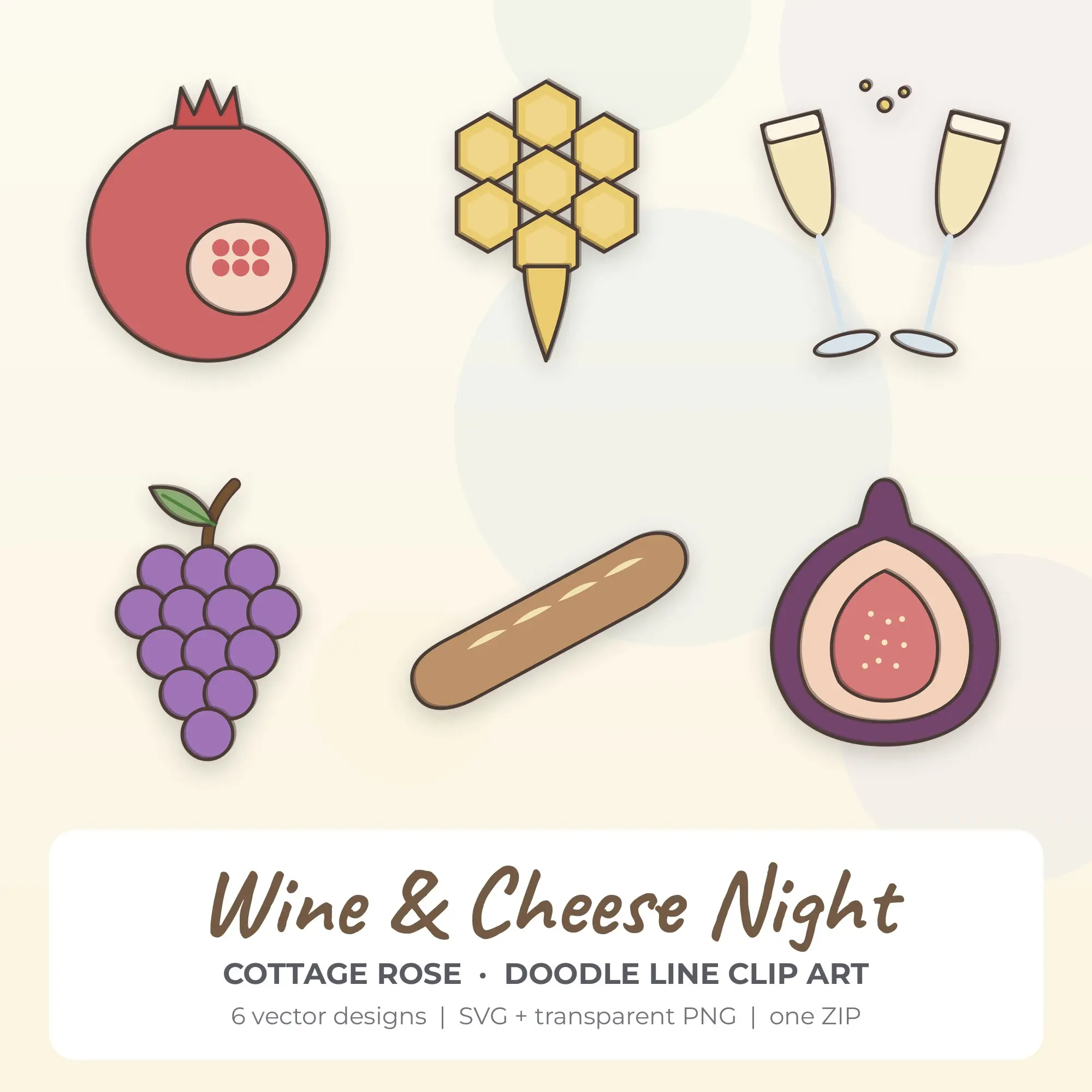 Wine & Cheese Night SVG Clipart Pack, Doodle Line Style - 6 Designs preview