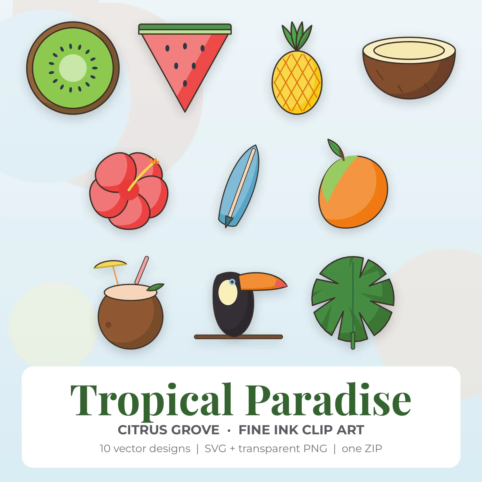 10 Fine Ink Tropical Paradise Clipart Illustrations, SVG PNG preview