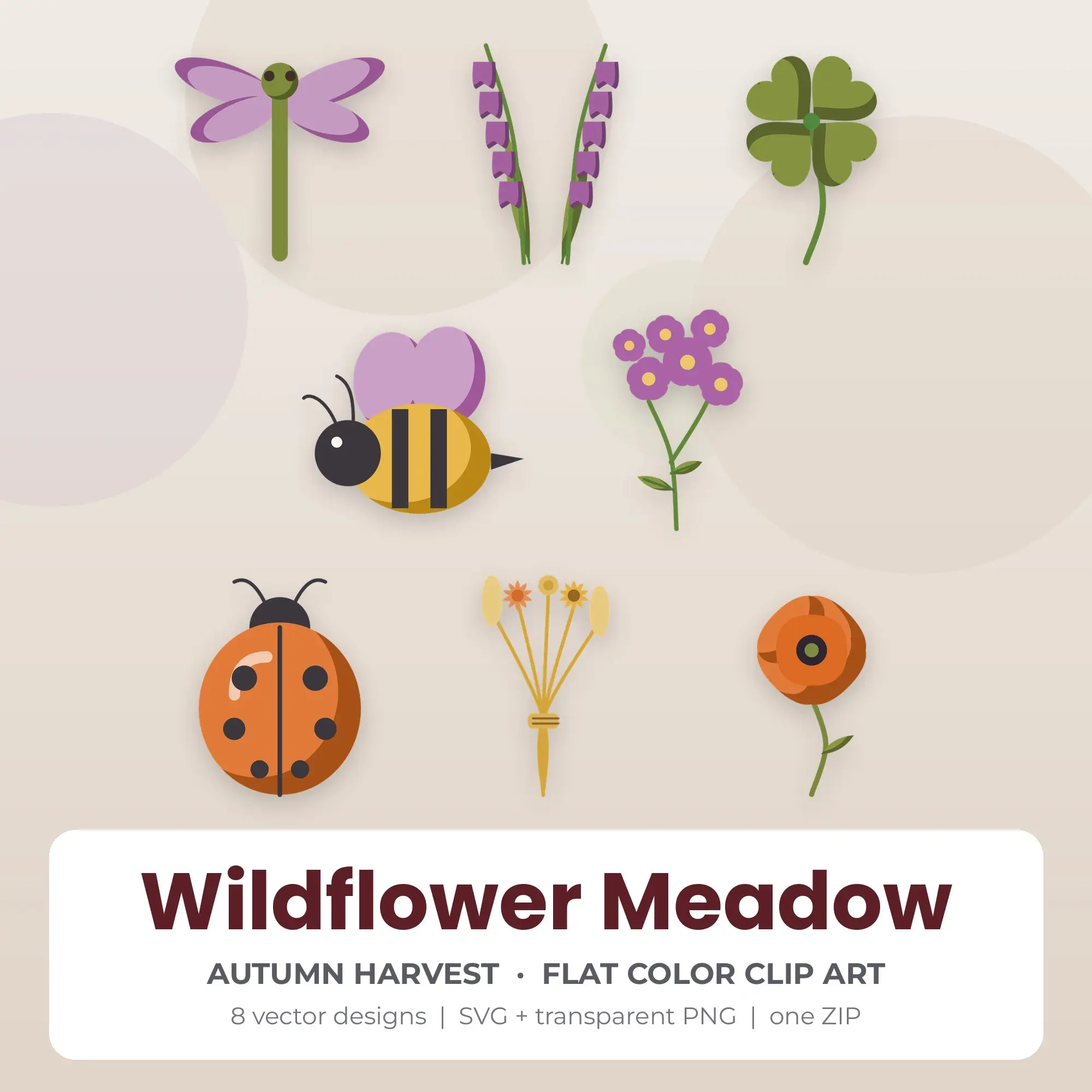 8 Flat Color Wildflower Meadow Clipart Illustrations, SVG PNG preview