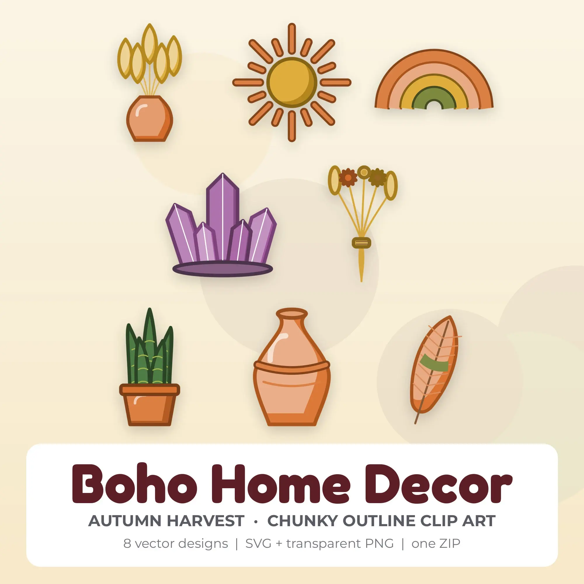 Autumn Harvest Boho Home Decor Clip Art Set - 8 Vector SVG PNG preview