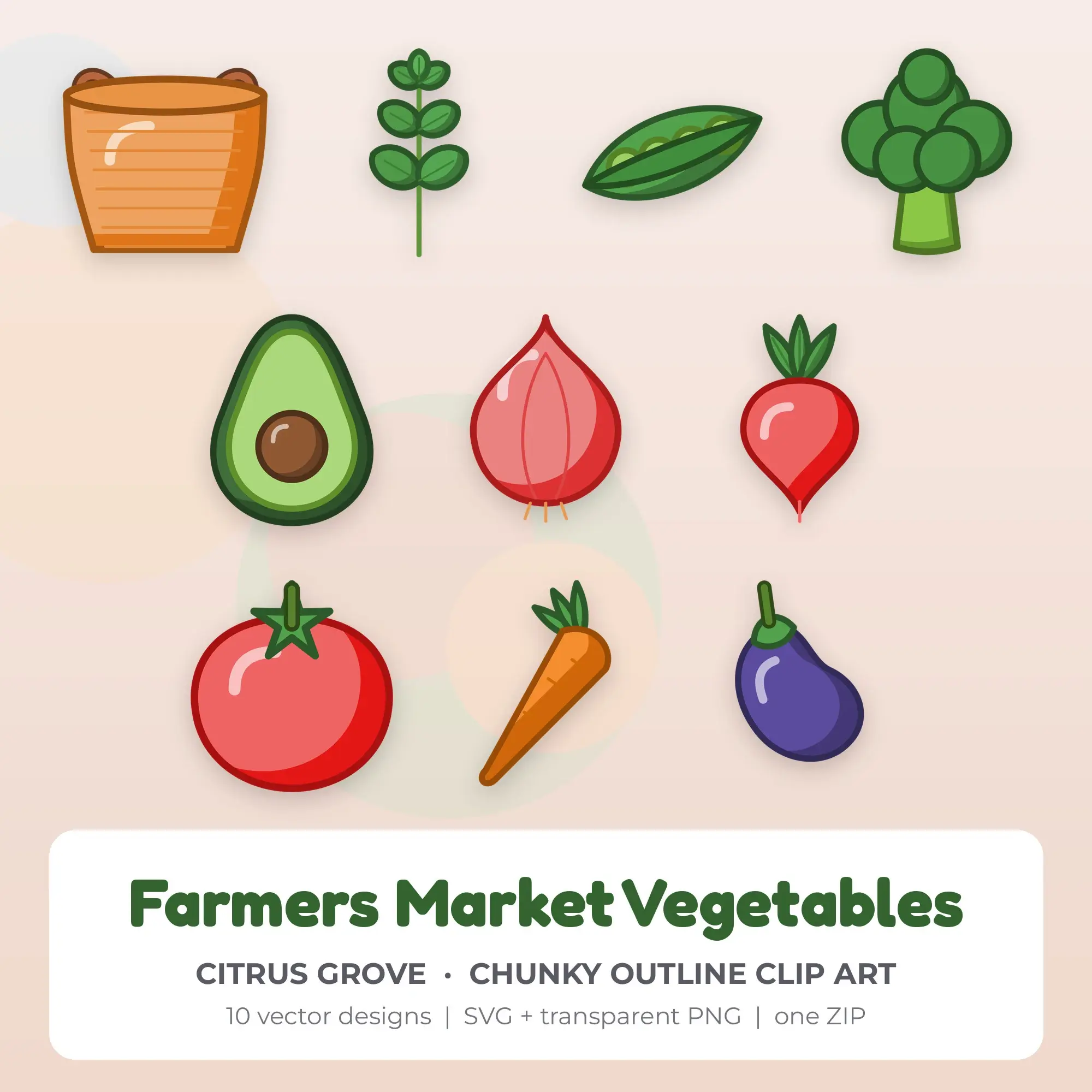 Farmers Market Vegetables Vector Clip Art in Citrus Grove - 10 Designs preview