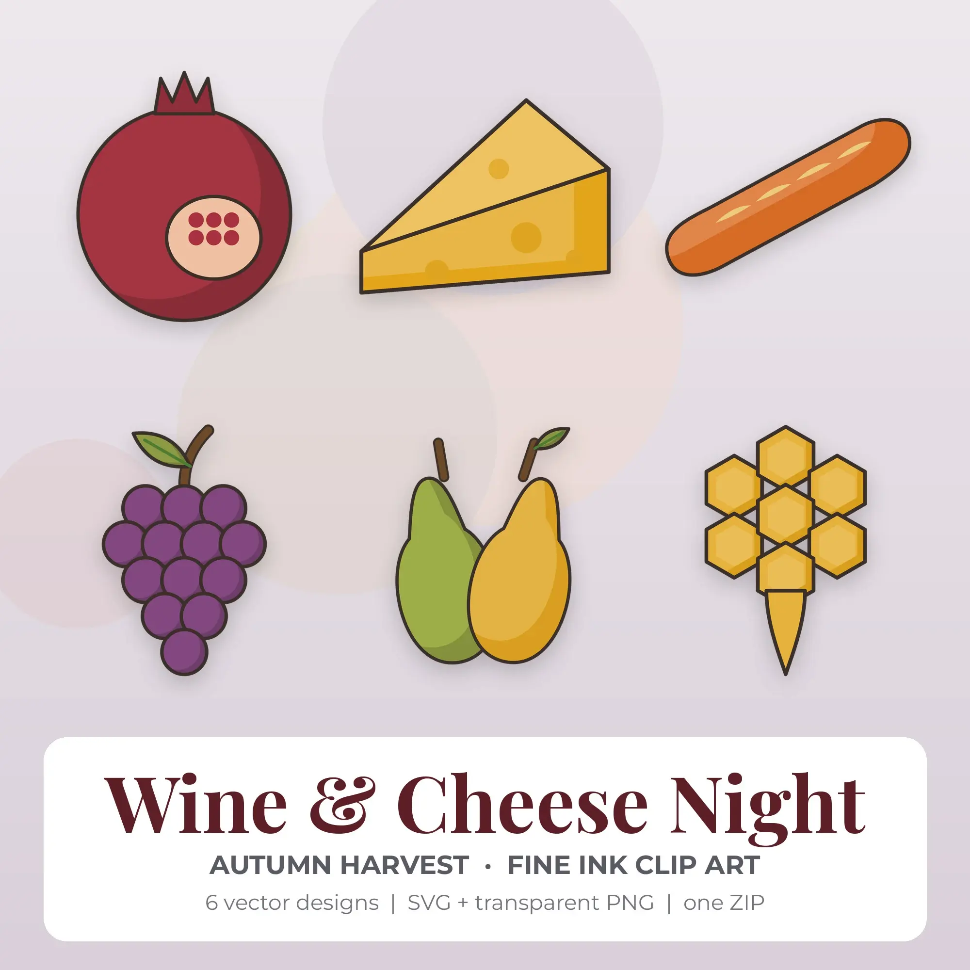 Wine & Cheese Night SVG Clipart Pack, Fine Ink Style - 6 Designs preview