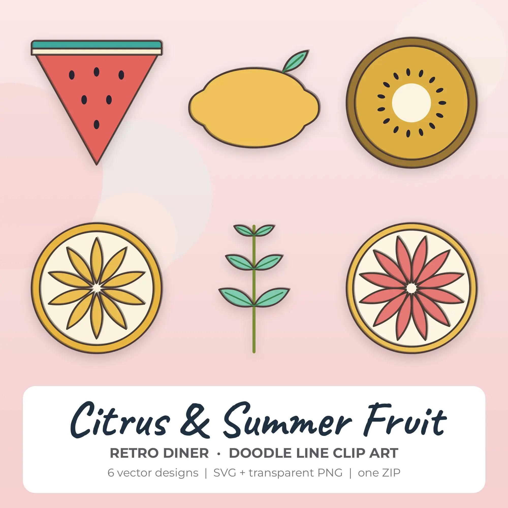 Retro Diner Citrus & Summer Fruit Clip Art Set - 6 Vector SVG PNG preview