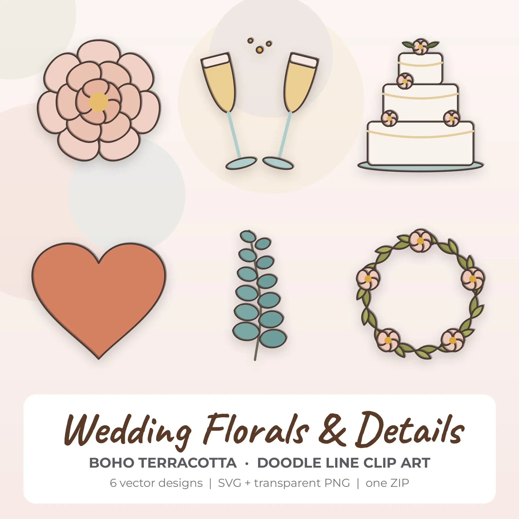 6 Doodle Line Wedding Florals & Details Clipart Illustrations, SVG PNG preview