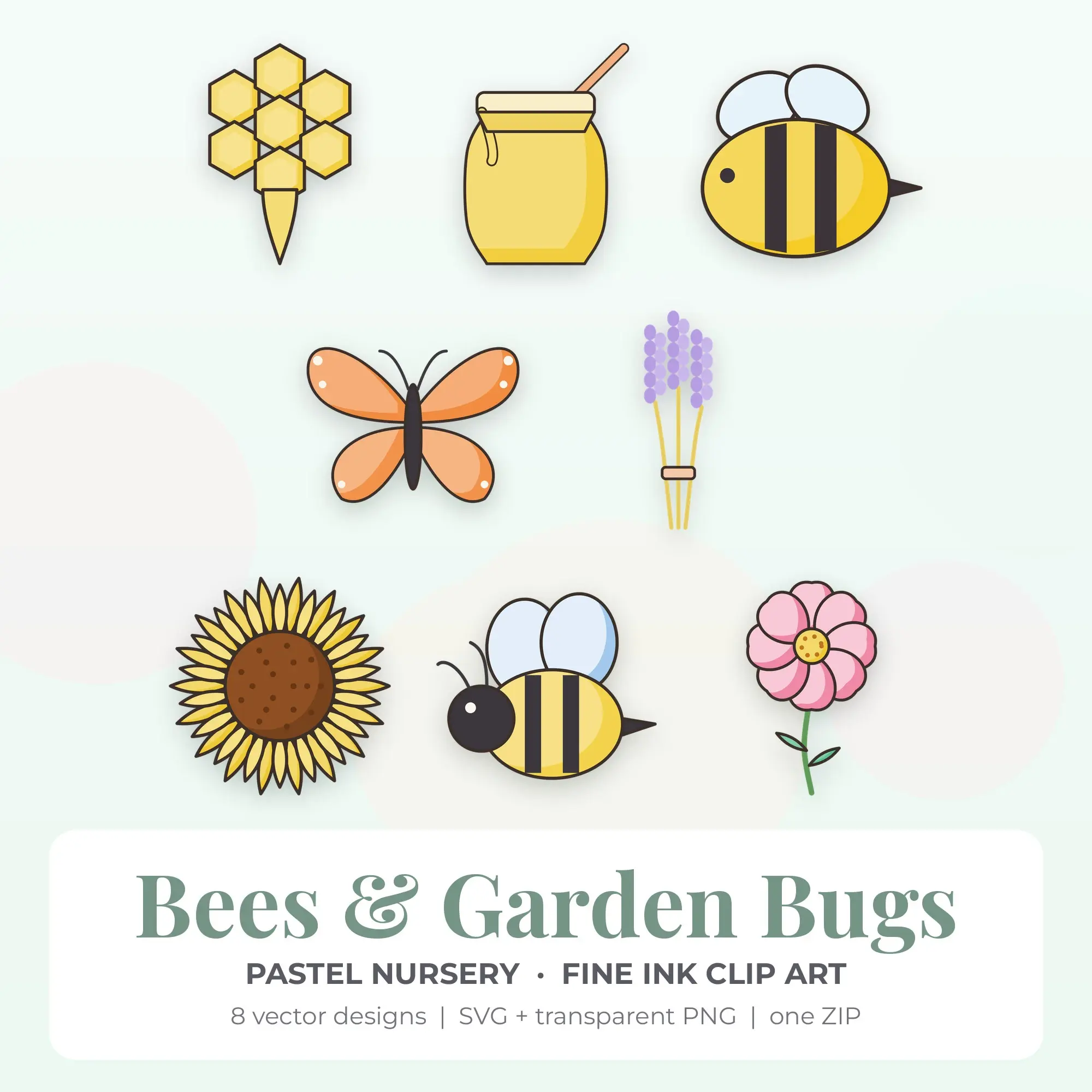 8 Fine Ink Bees & Garden Bugs Clipart Illustrations, SVG PNG preview