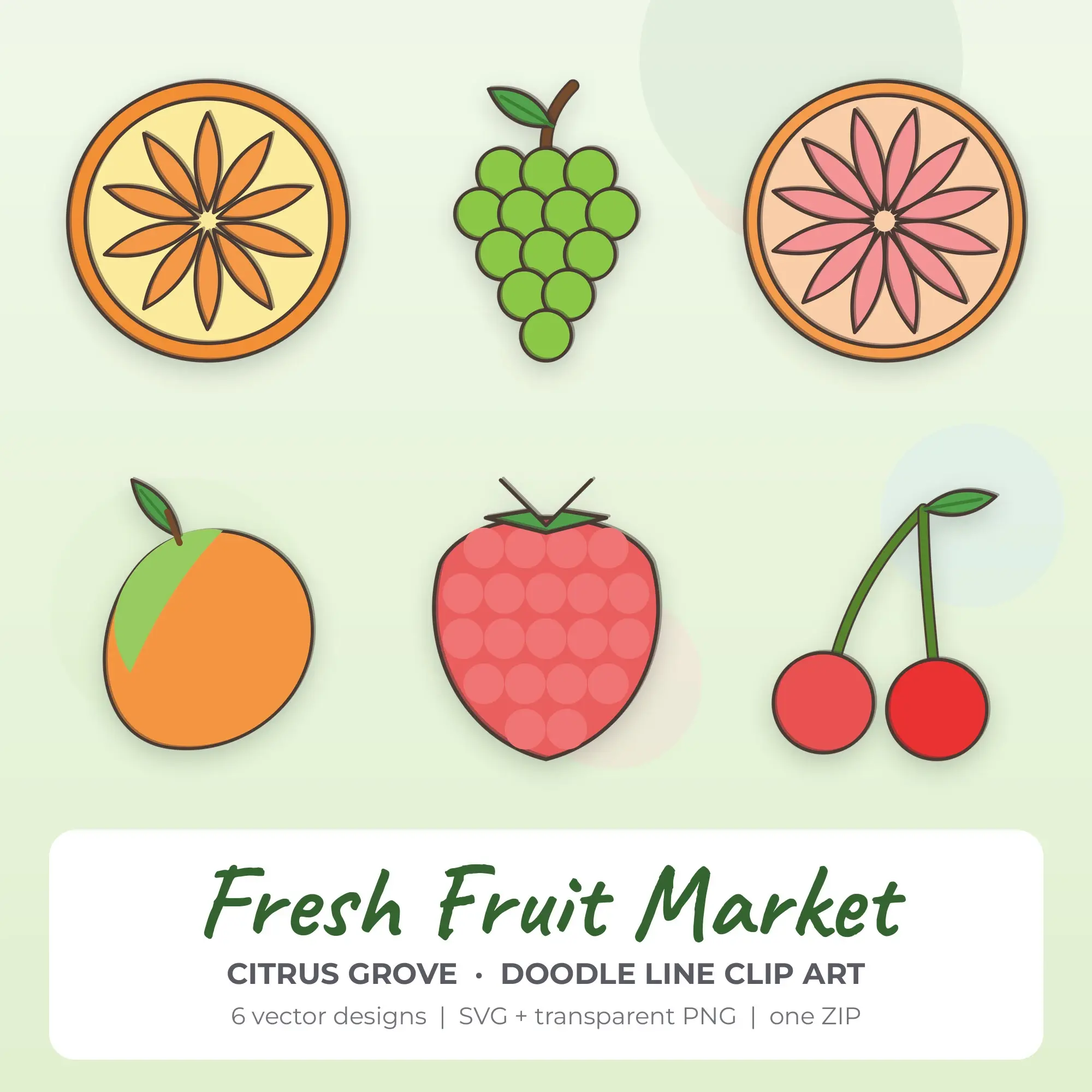 6 Doodle Line Fresh Fruit Market Clipart Illustrations, SVG PNG, preview 1 of 2