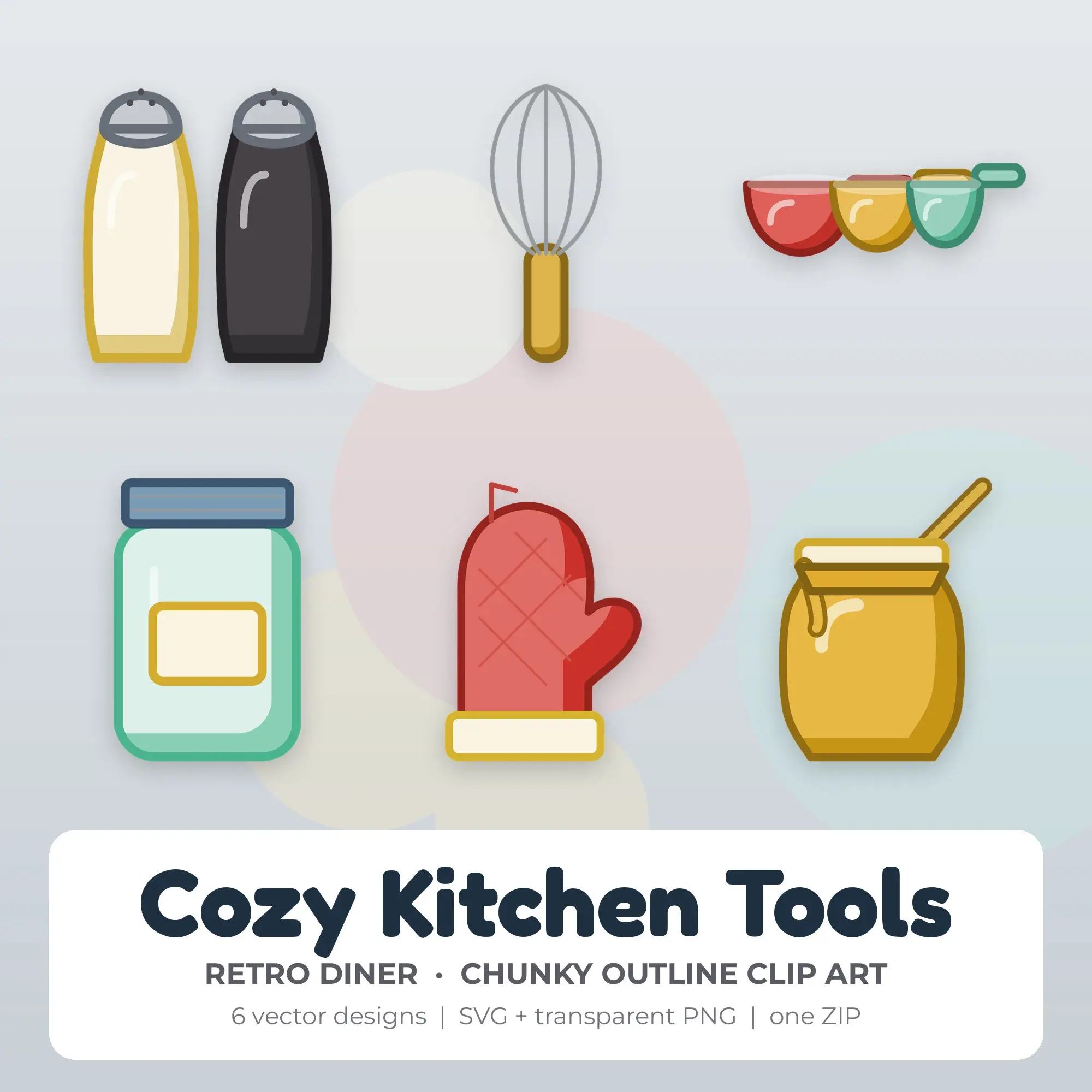 Cozy Kitchen Tools Clipart, Retro Diner Chunky Outline - 6 SVG PNG preview