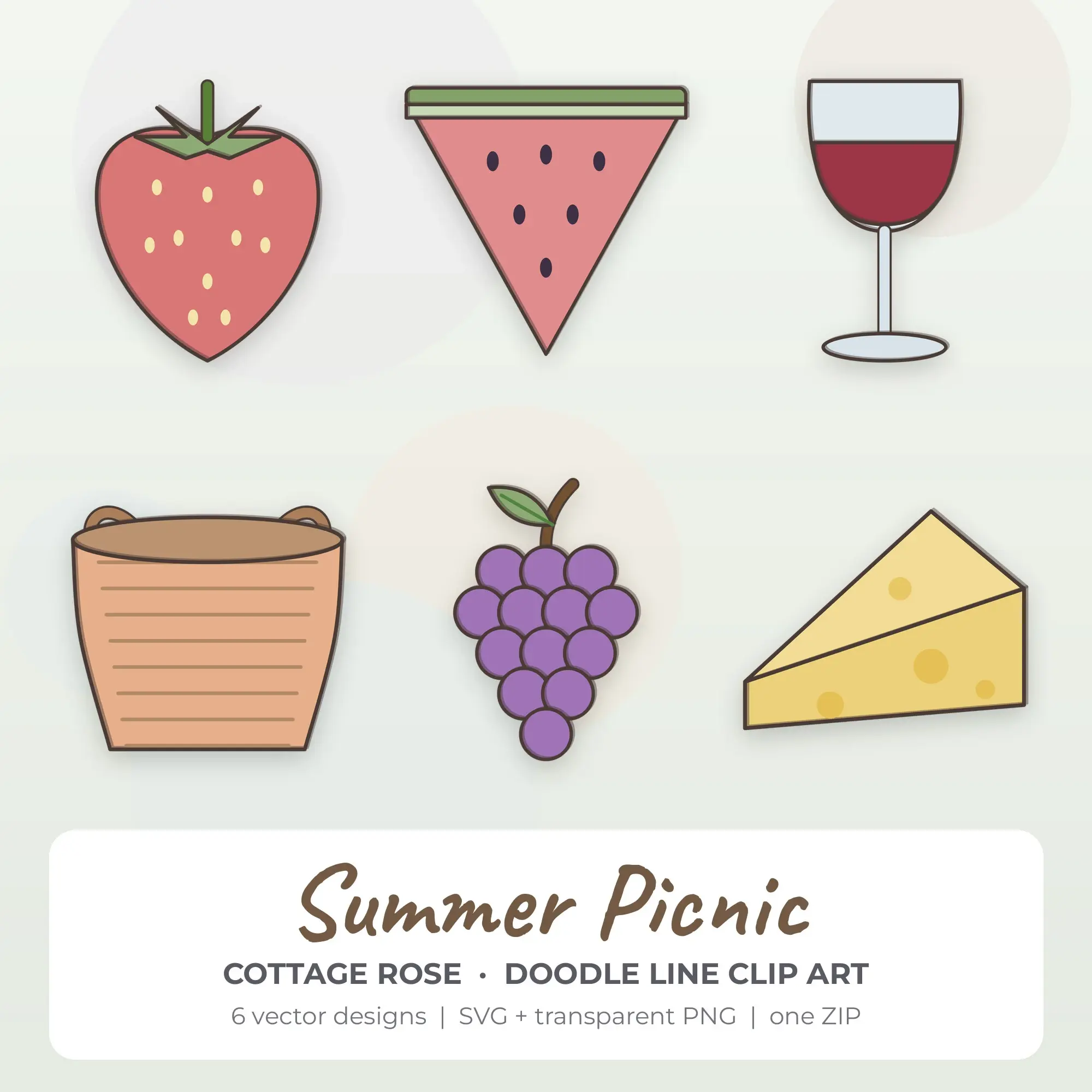 Cottage Rose Doodle Line Summer Picnic Clipart - 6 Vector Files preview
