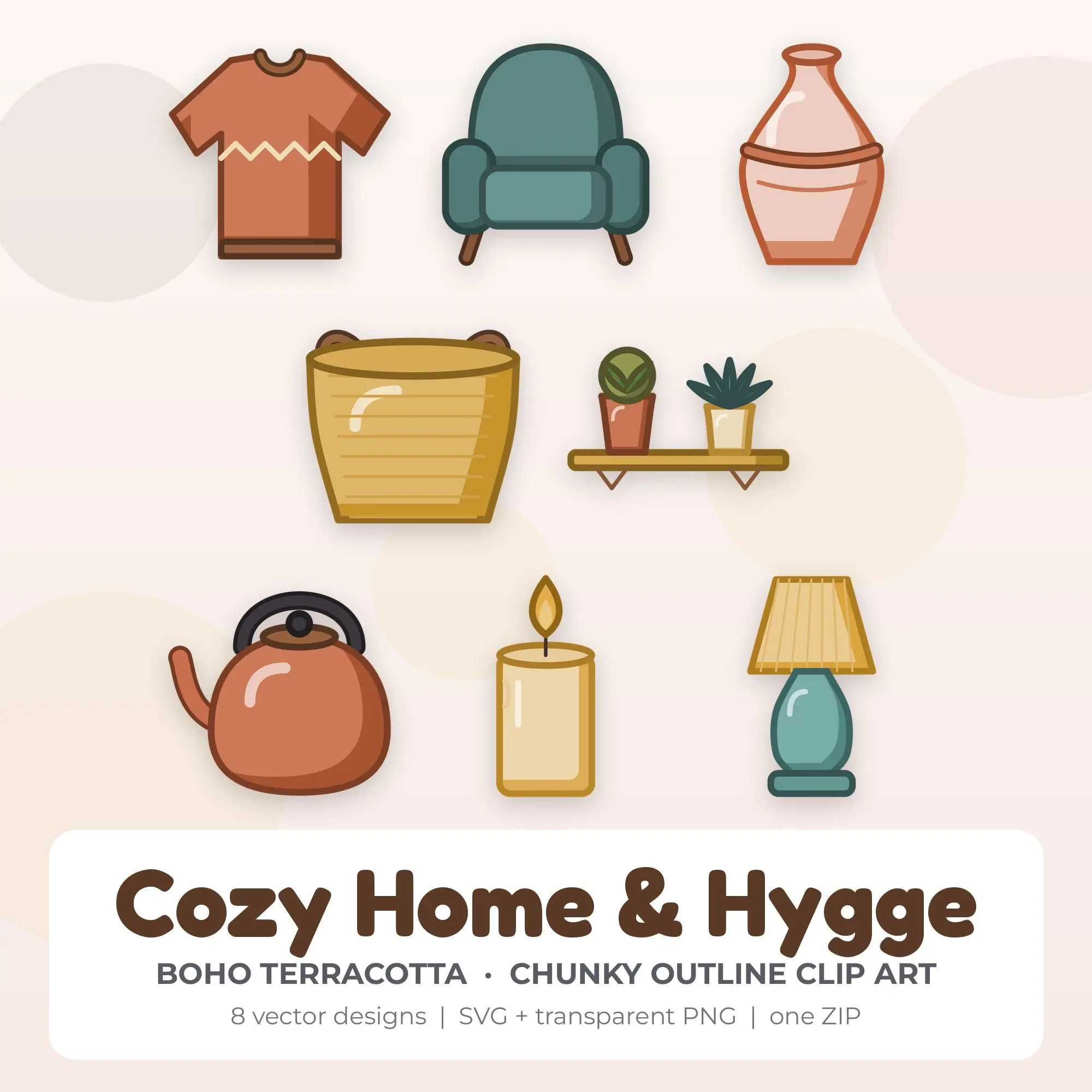 8 Chunky Outline Cozy Home & Hygge Clipart Illustrations, SVG PNG preview