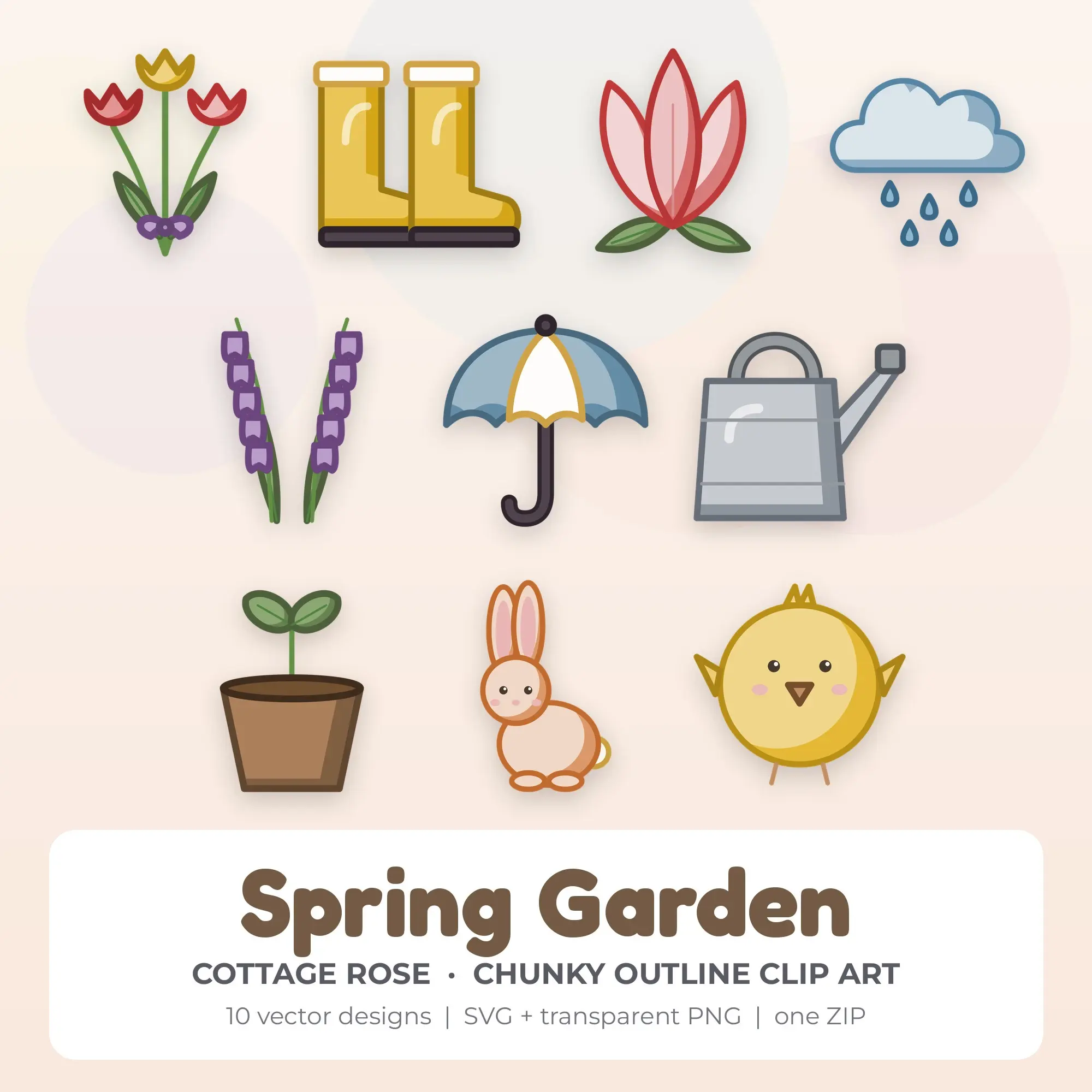 Spring Garden Clipart, Cottage Rose Chunky Outline - 10 SVG PNG preview