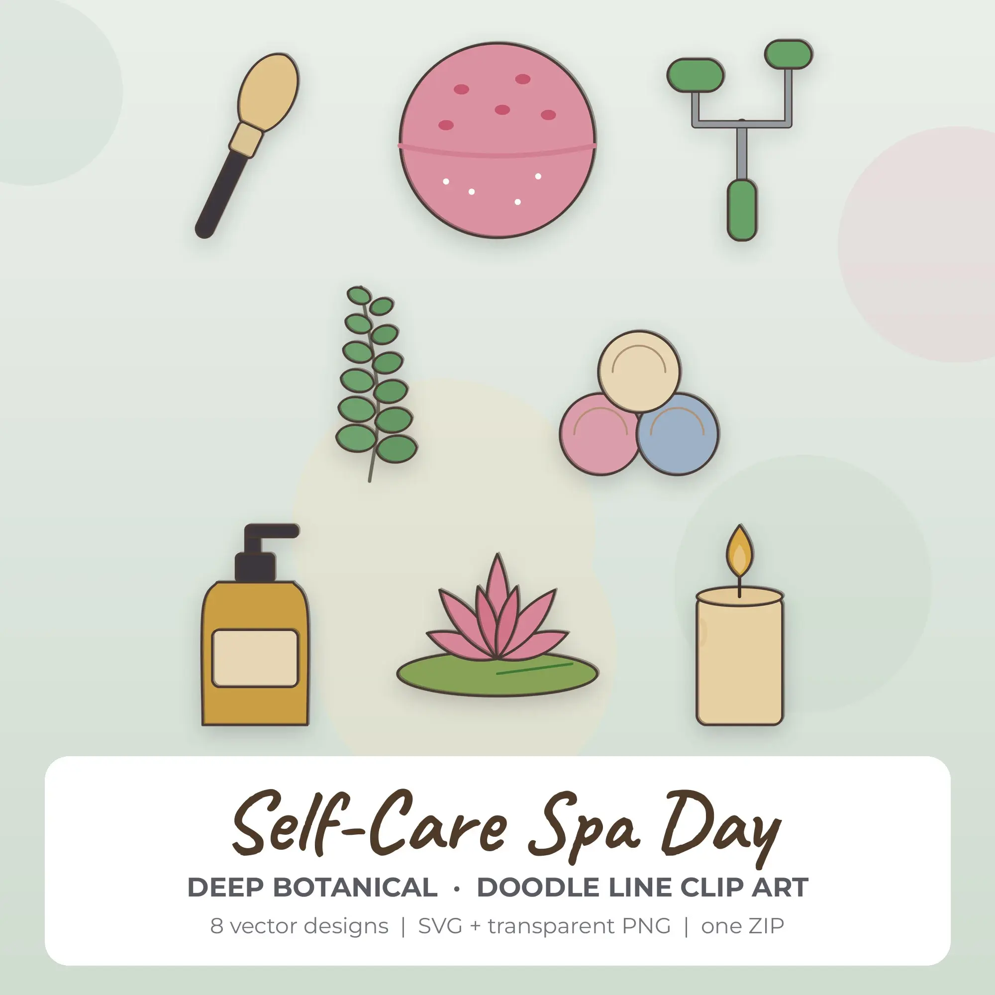Deep Botanical Doodle Line Self-Care Spa Day Clipart - 8 Vector Files preview