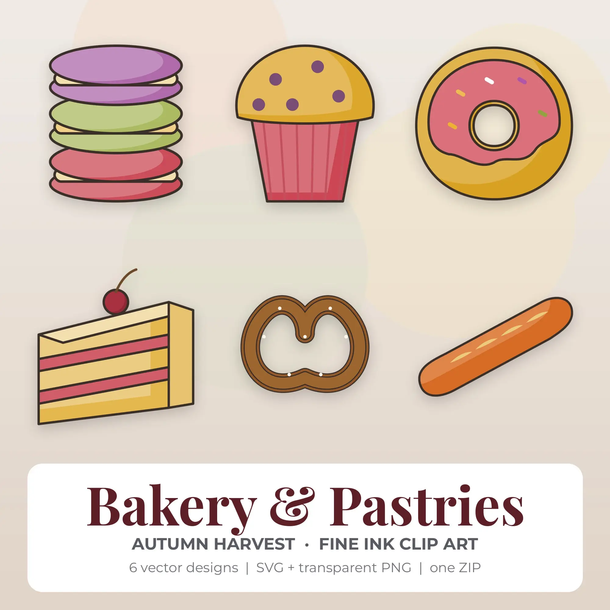Fine Ink Bakery & Pastries Clipart Bundle, Autumn Harvest - 6 PNG SVG preview