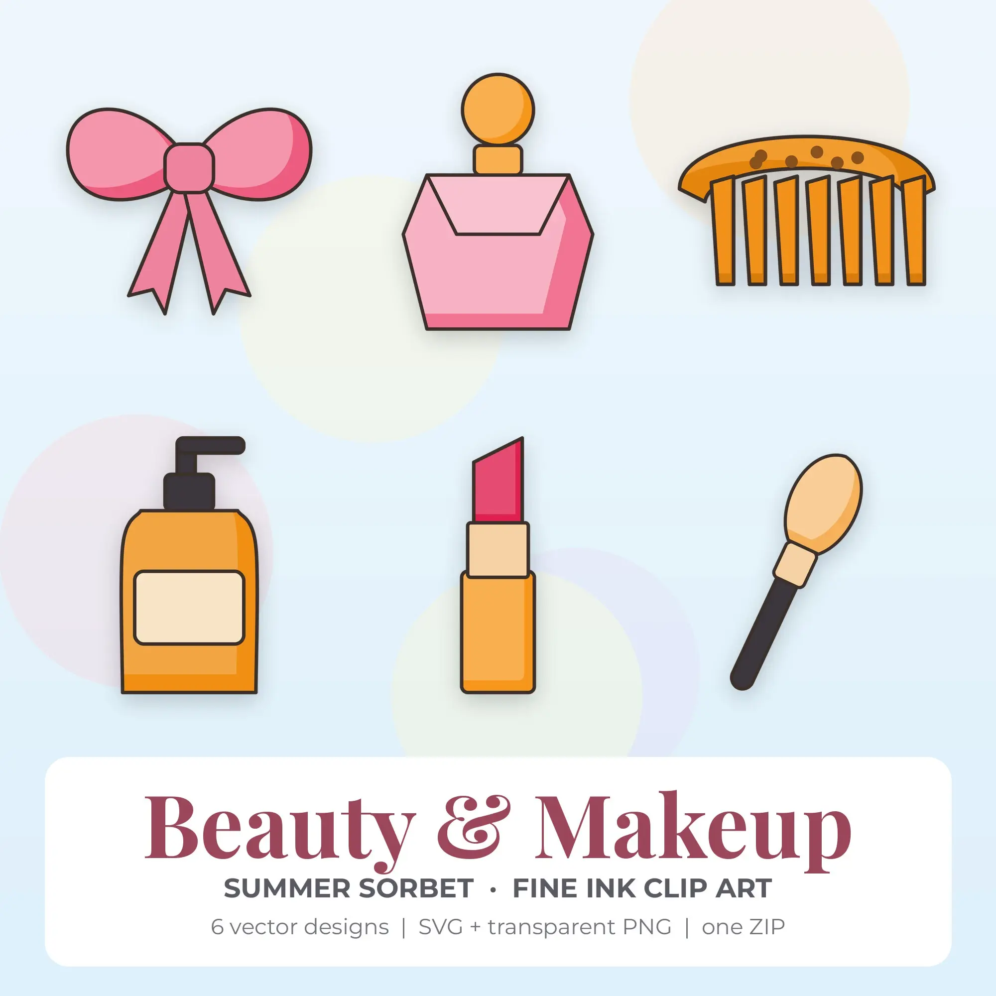 Fine Ink Beauty & Makeup Clipart Bundle, Summer Sorbet - 6 PNG SVG preview
