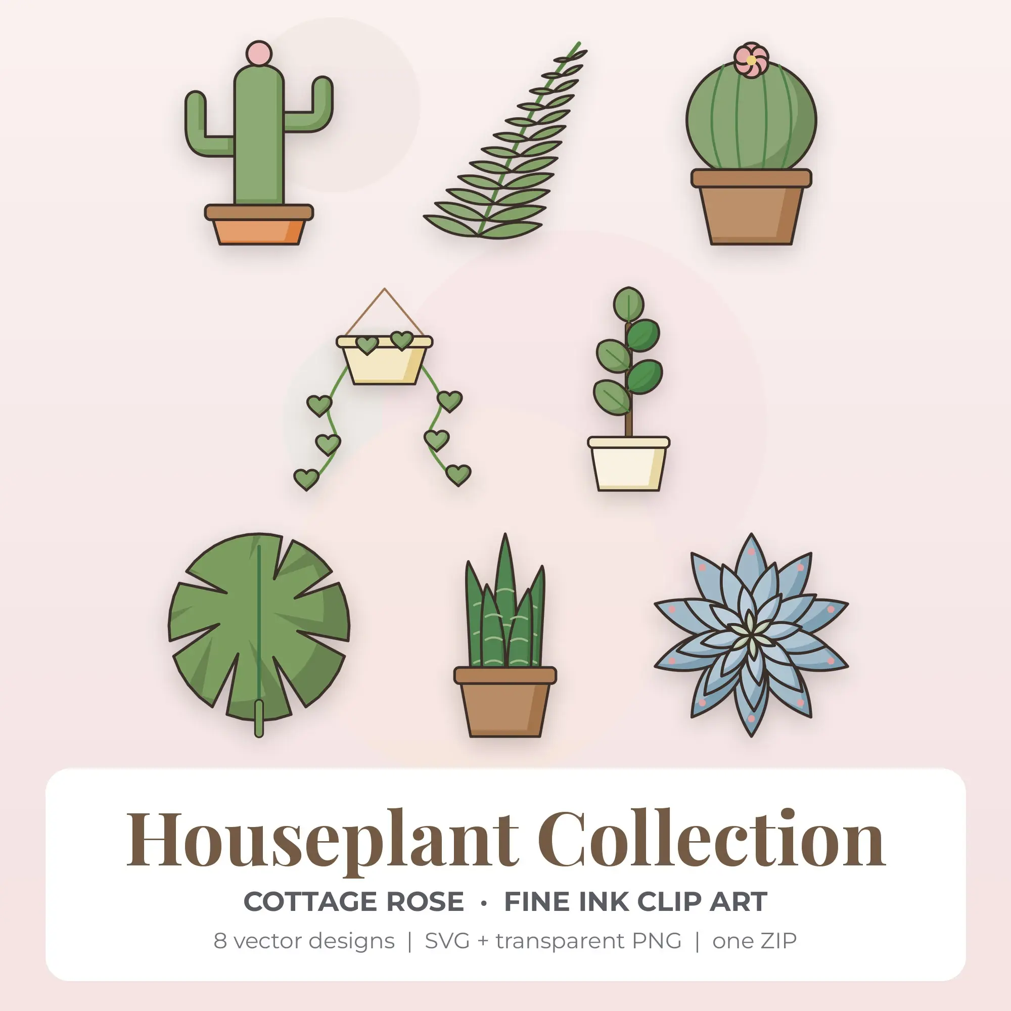 Cottage Rose Fine Ink Houseplant Collection Clipart - 8 Vector Files preview