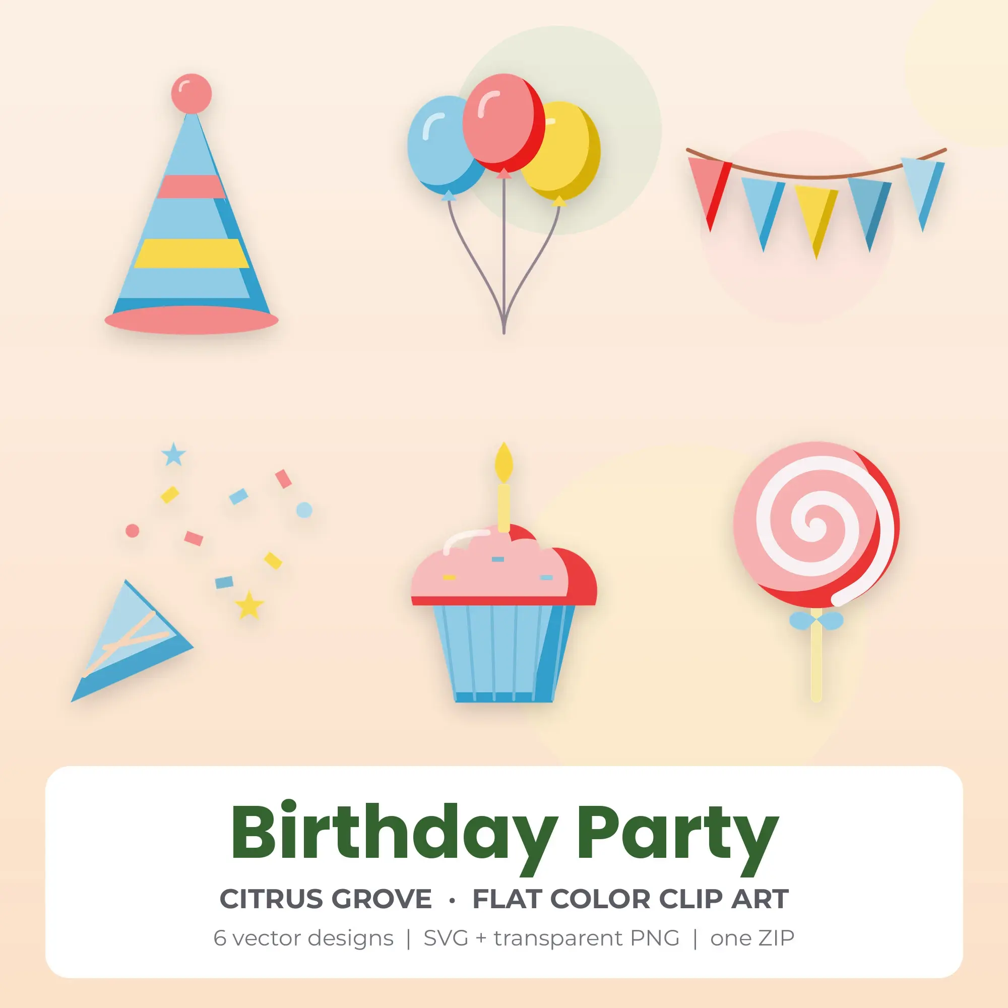 Flat Color Birthday Party Clipart Bundle, Citrus Grove - 6 PNG SVG preview