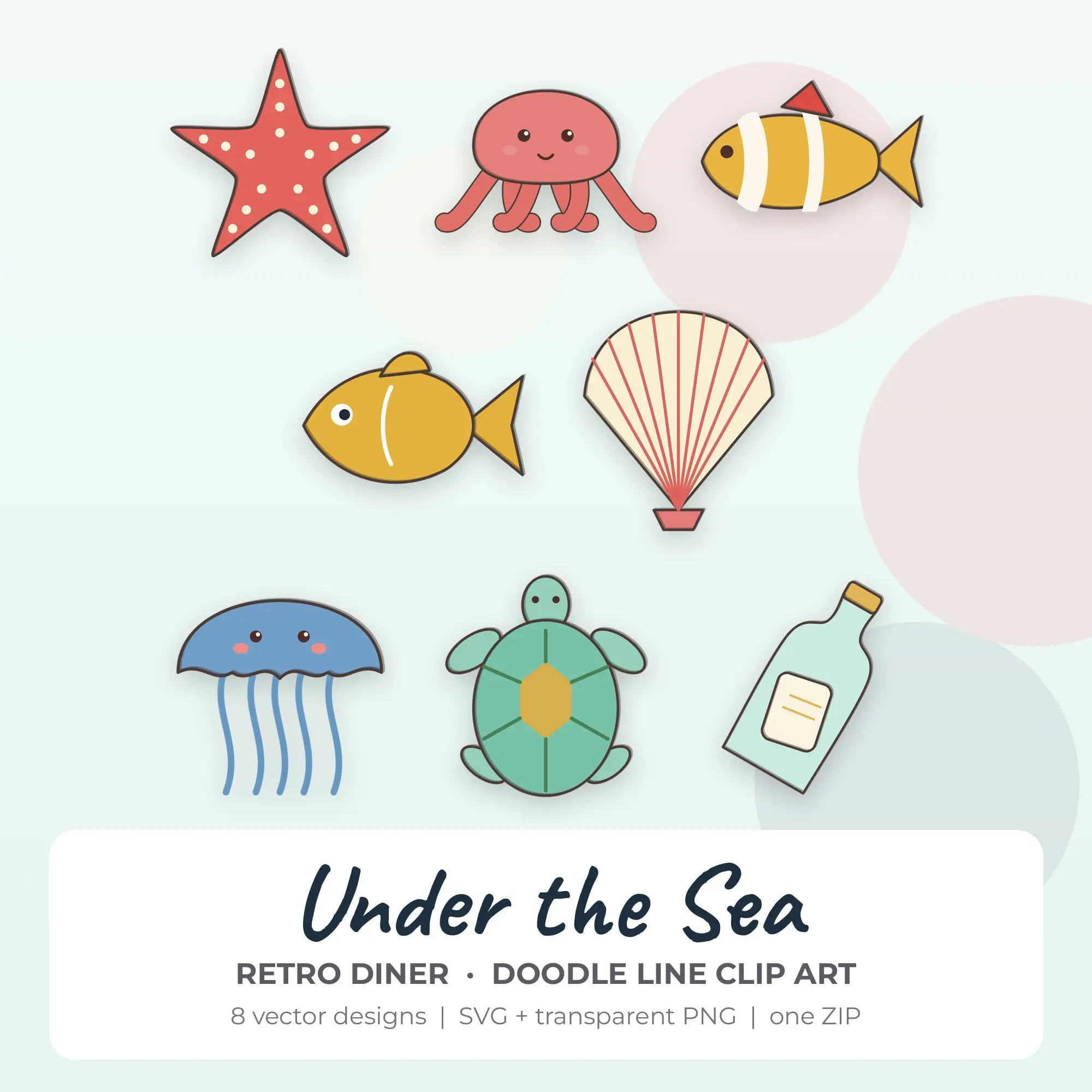 Doodle Line Under the Sea Clipart Bundle, Retro Diner - 8 PNG SVG preview