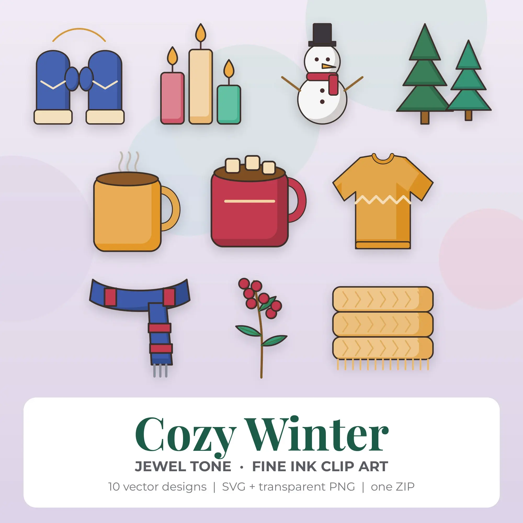Jewel Tone Fine Ink Cozy Winter Clipart - 10 Vector Files preview