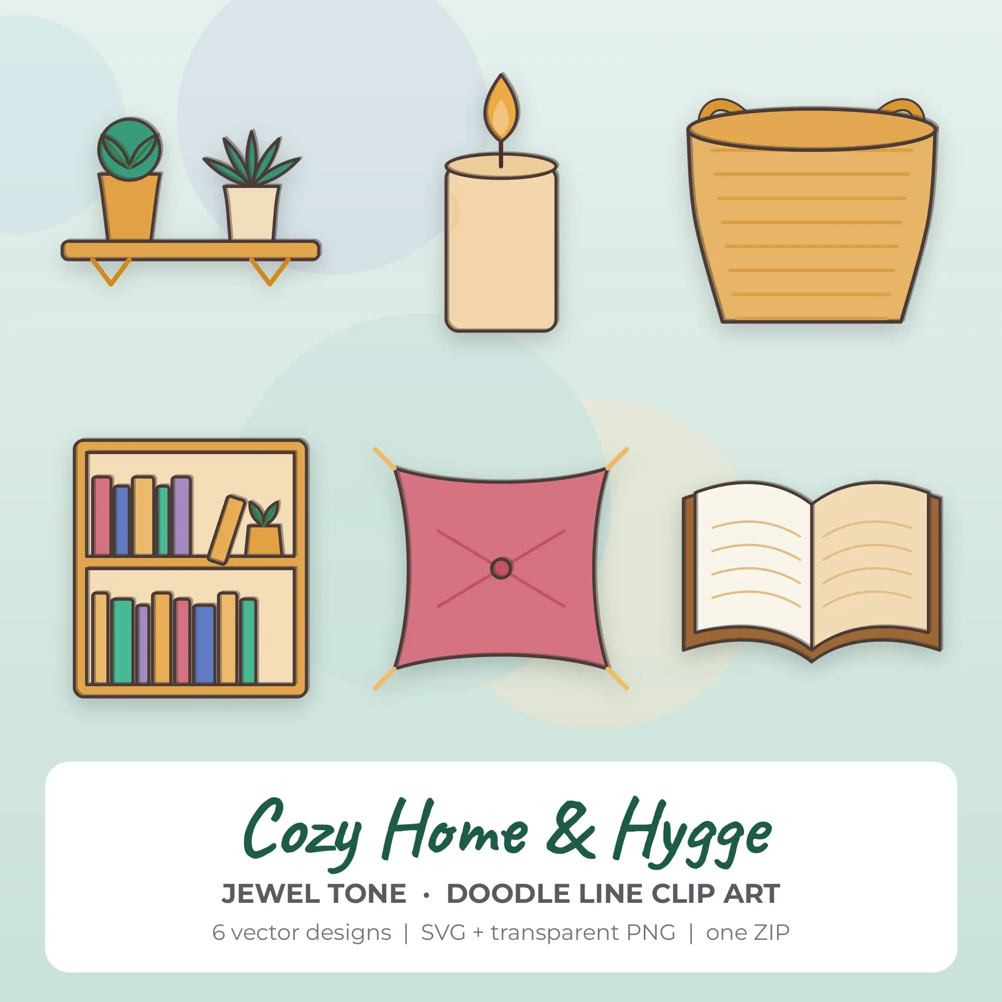 Jewel Tone Doodle Line Cozy Home & Hygge Clipart - 6 Vector Files preview
