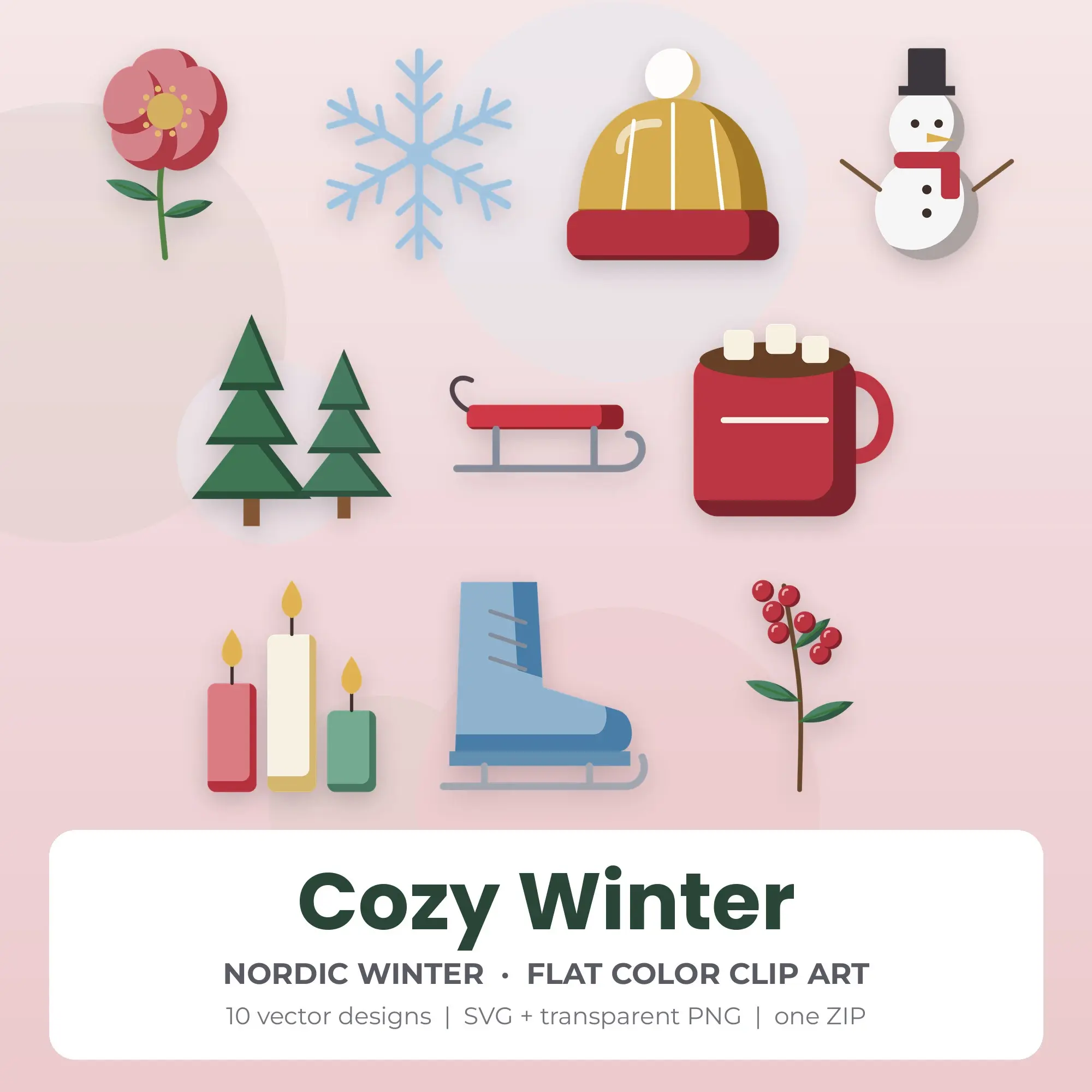 10 Flat Color Cozy Winter Clipart Illustrations, SVG PNG preview