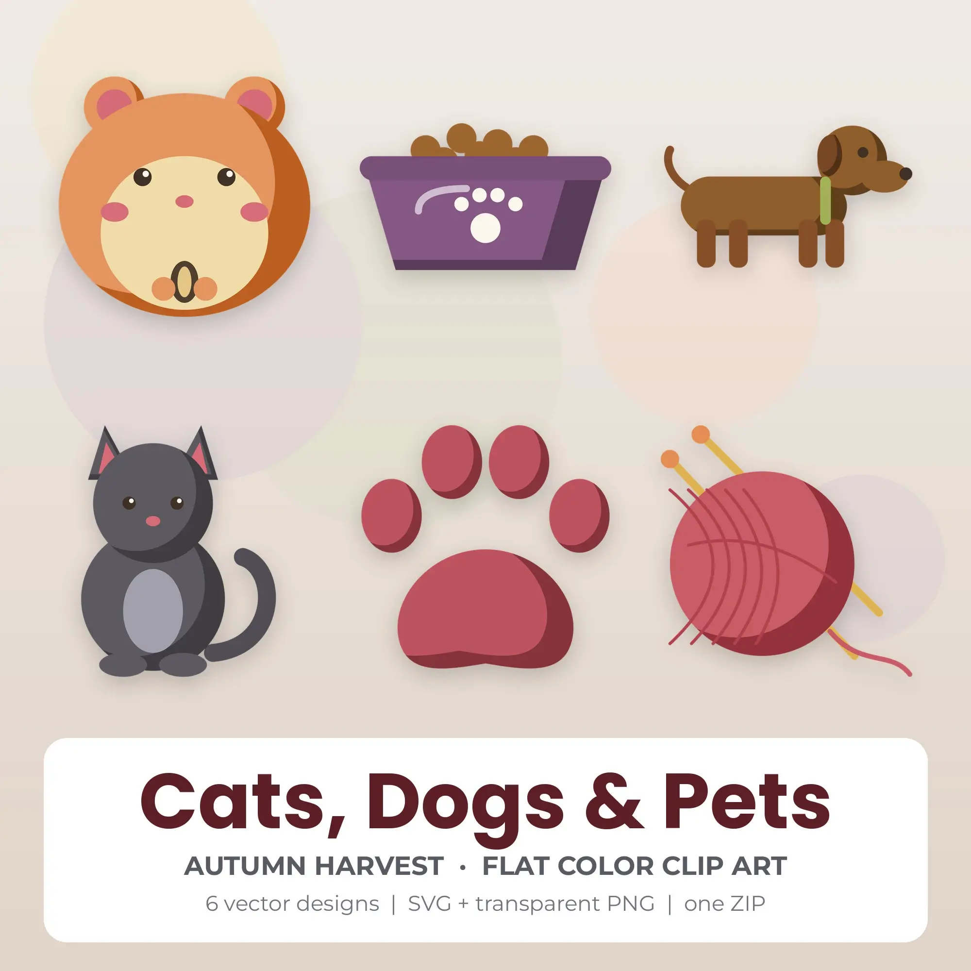 Autumn Harvest Flat Color Cats, Dogs & Pets Clipart - 6 Vector Files preview