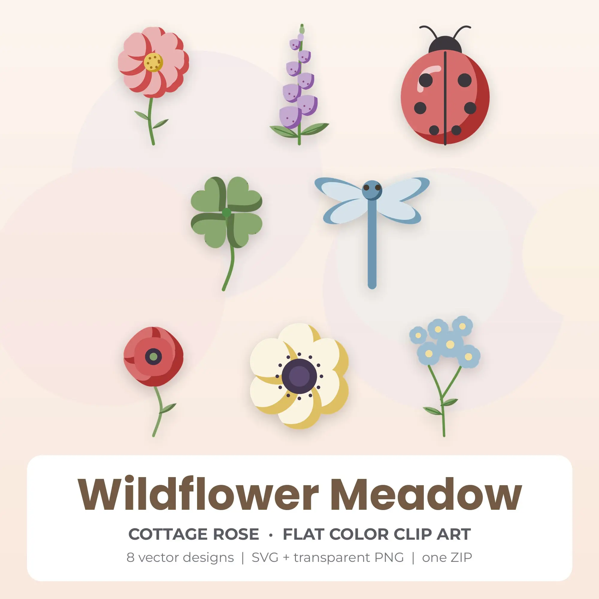 Wildflower Meadow SVG Clipart Pack, Flat Color Style - 8 Designs preview