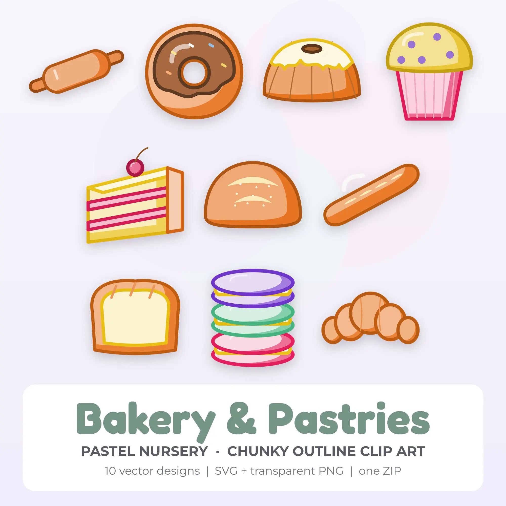 10 Chunky Outline Bakery & Pastries Clipart Illustrations, SVG PNG, preview 1 of 2