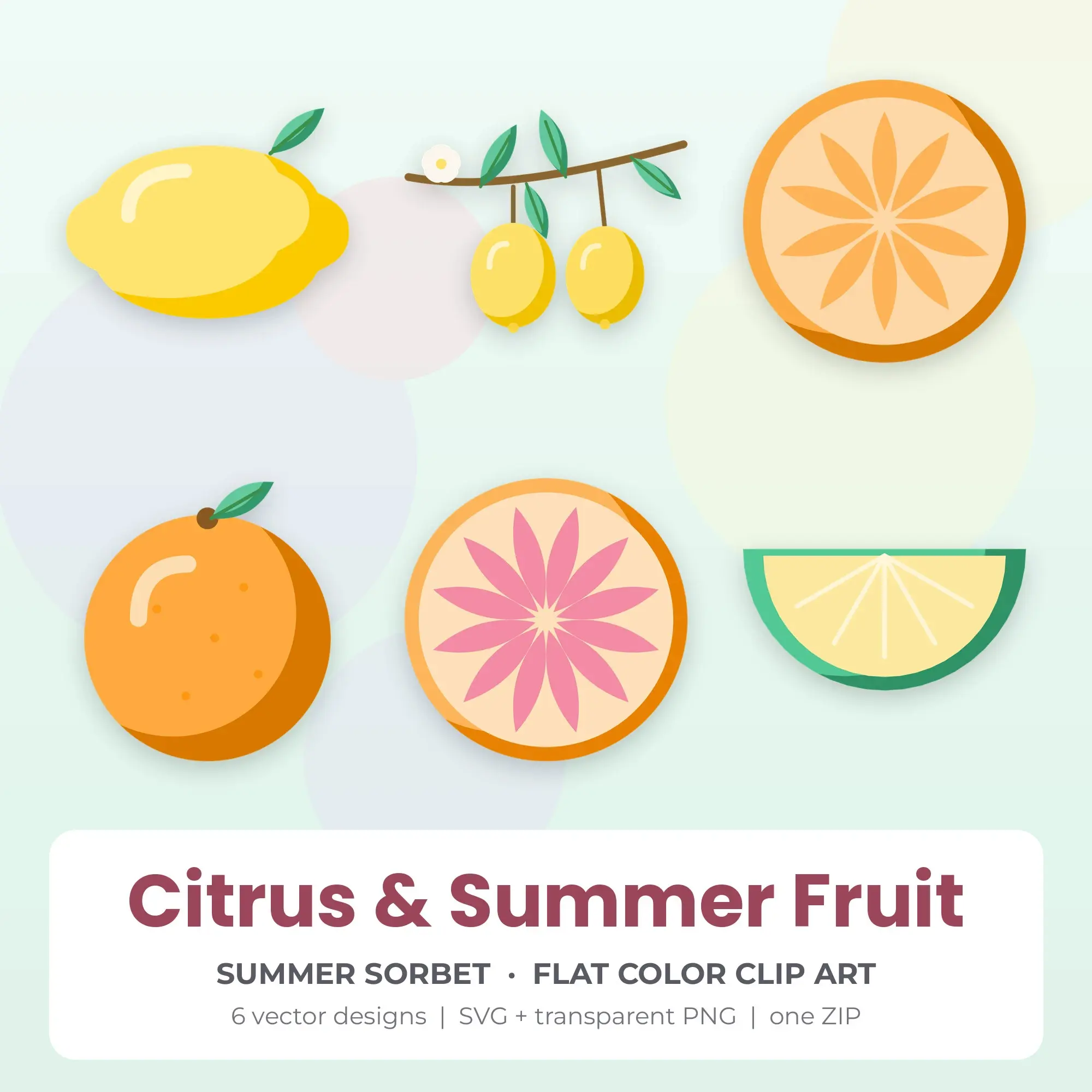 Citrus & Summer Fruit Vector Clip Art in Summer Sorbet - 6 Designs, preview 1 of 2