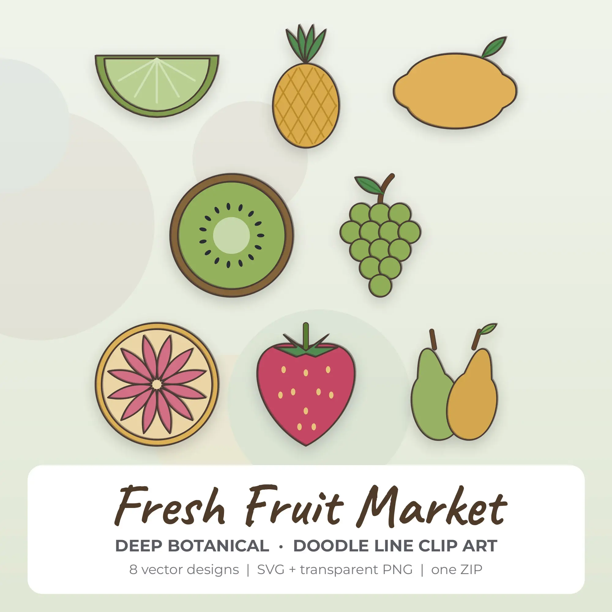 Fresh Fruit Market SVG Clipart Pack, Doodle Line Style - 8 Designs preview