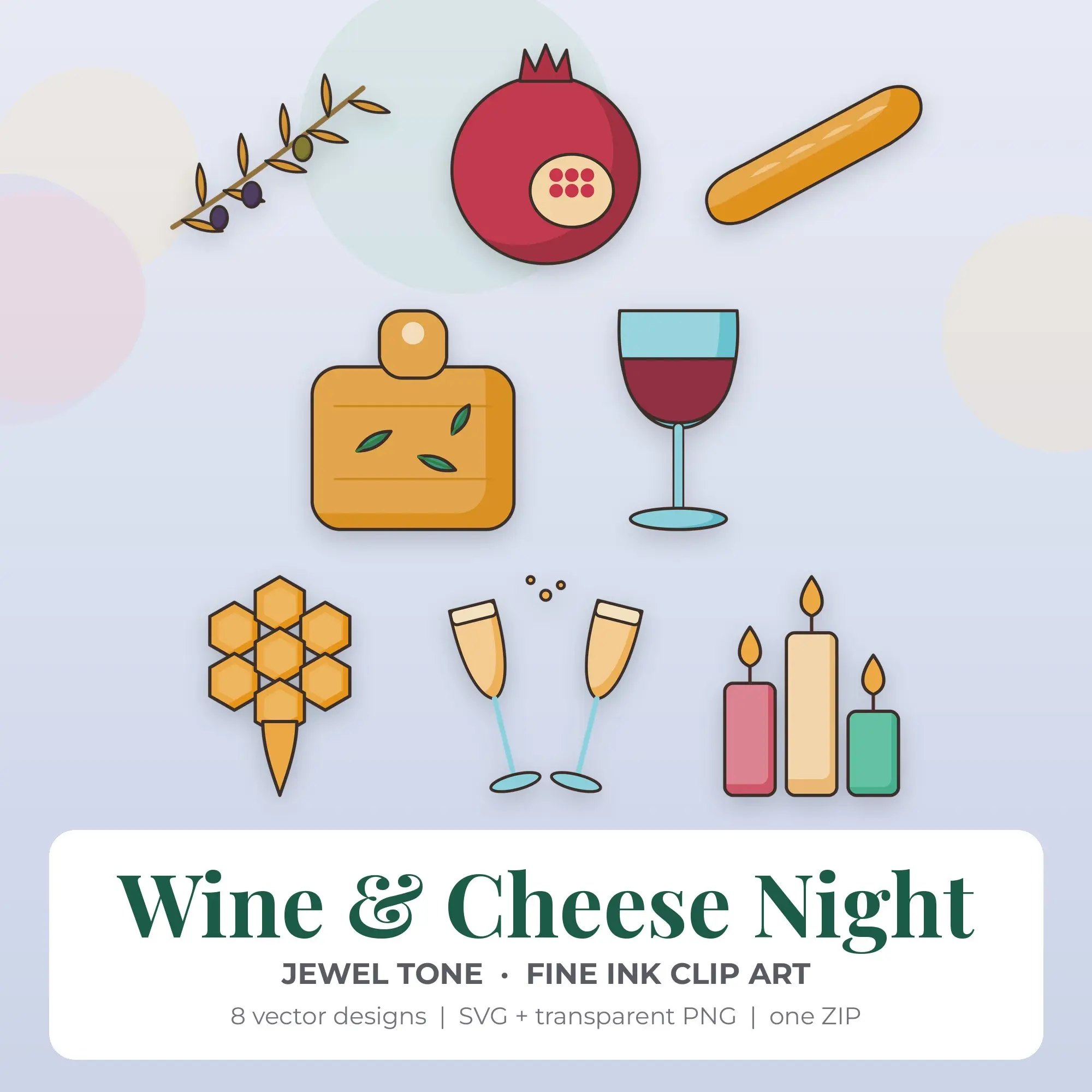 Wine & Cheese Night Clipart, Jewel Tone Fine Ink - 8 SVG PNG preview
