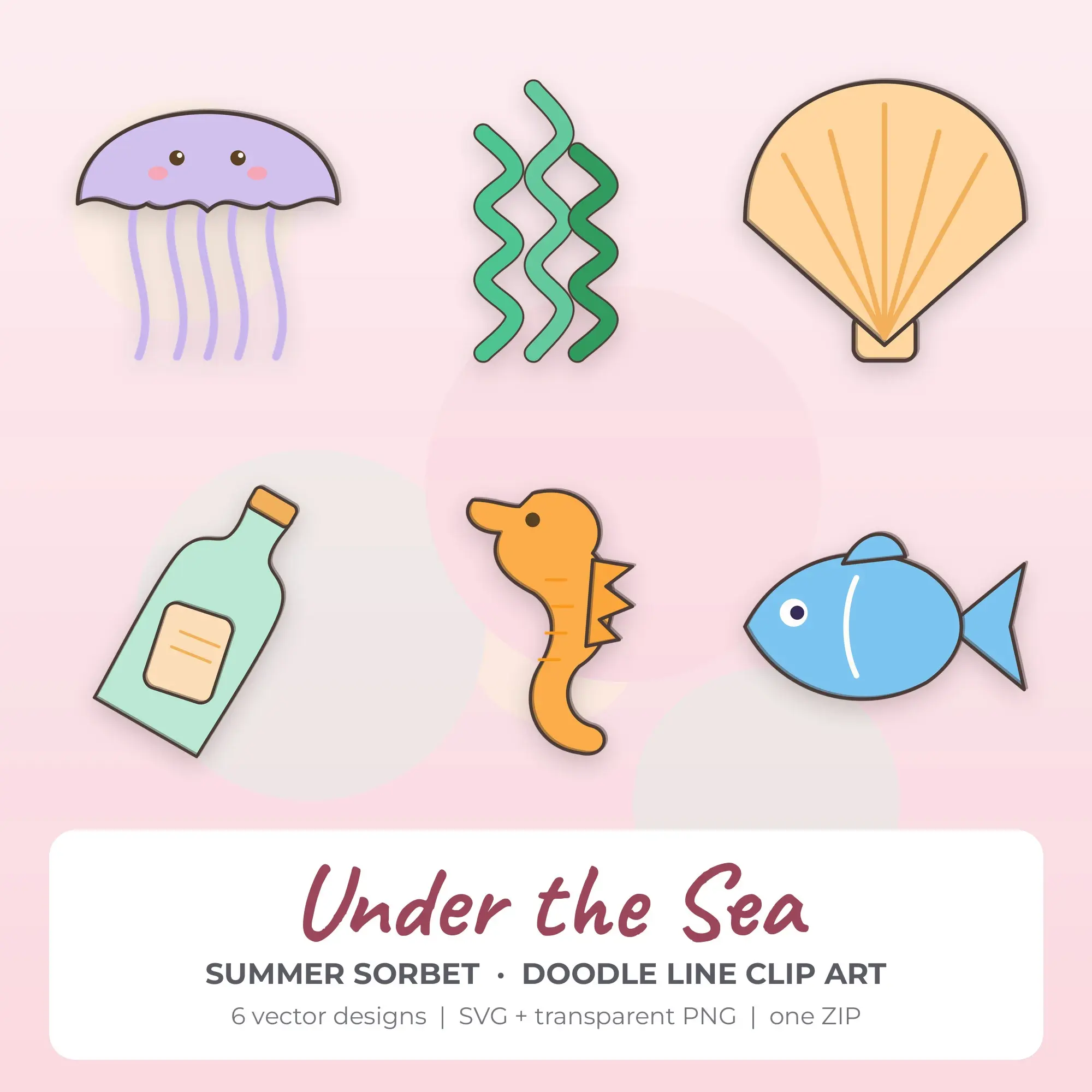Under the Sea Clipart, Summer Sorbet Doodle Line - 6 SVG PNG preview