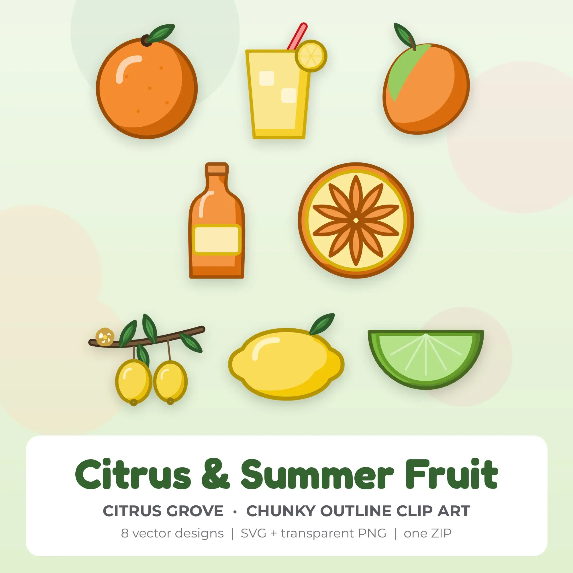 Citrus & Summer Fruit Clipart, Citrus Grove Chunky Outline - 8 SVG PNG preview