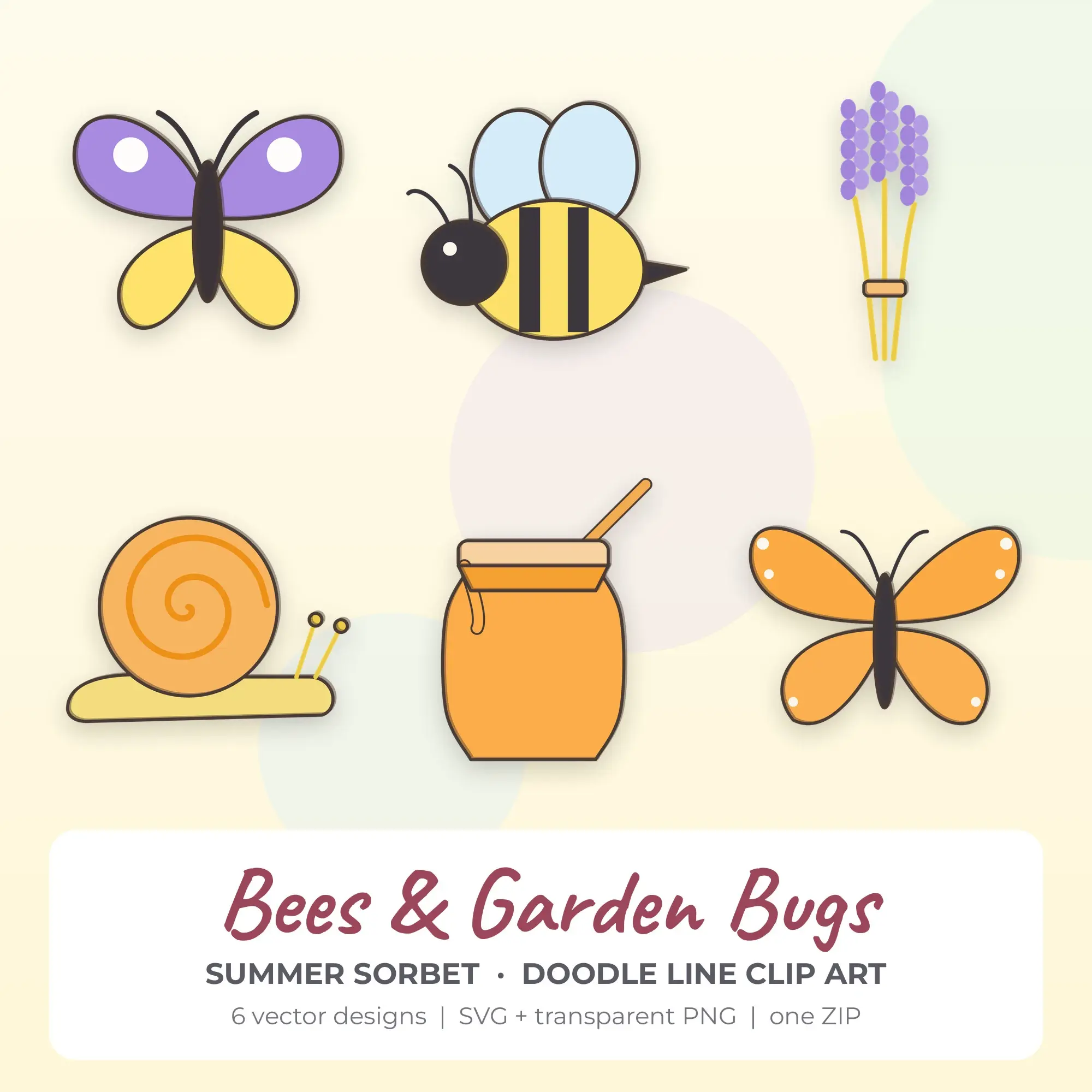 Bees & Garden Bugs Vector Clip Art in Summer Sorbet - 6 Designs preview