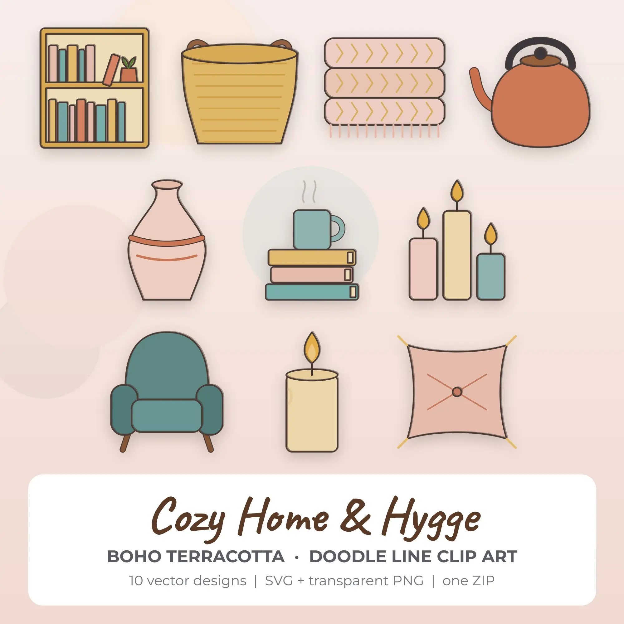 Cozy Home & Hygge SVG Clipart Pack, Doodle Line Style - 10 Designs preview