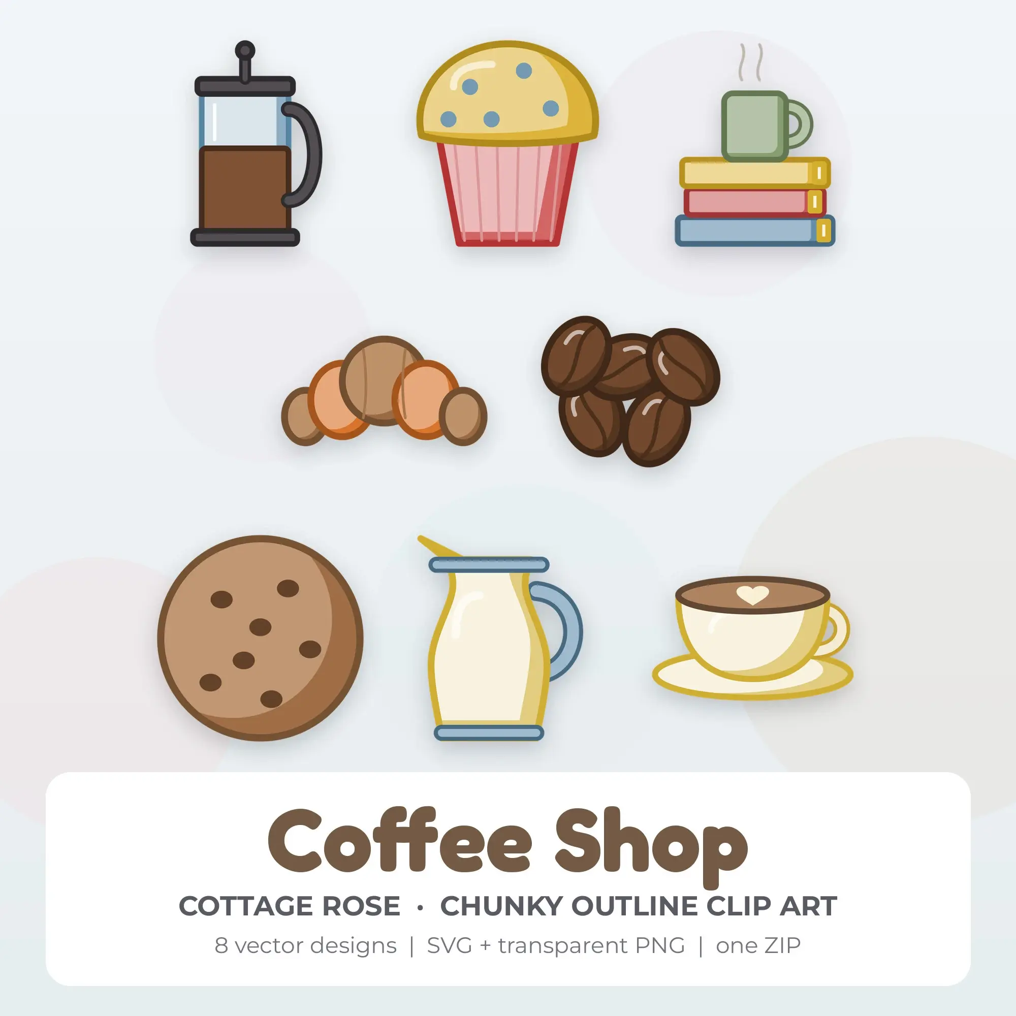 Coffee Shop SVG Clipart Pack, Chunky Outline Style - 8 Designs preview