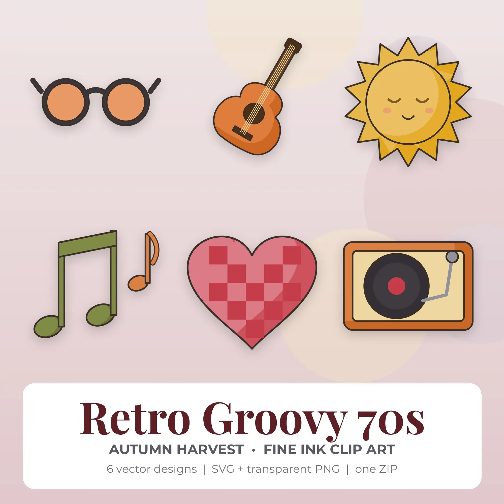 Retro Groovy 70s Vector Clip Art in Autumn Harvest - 6 Designs preview