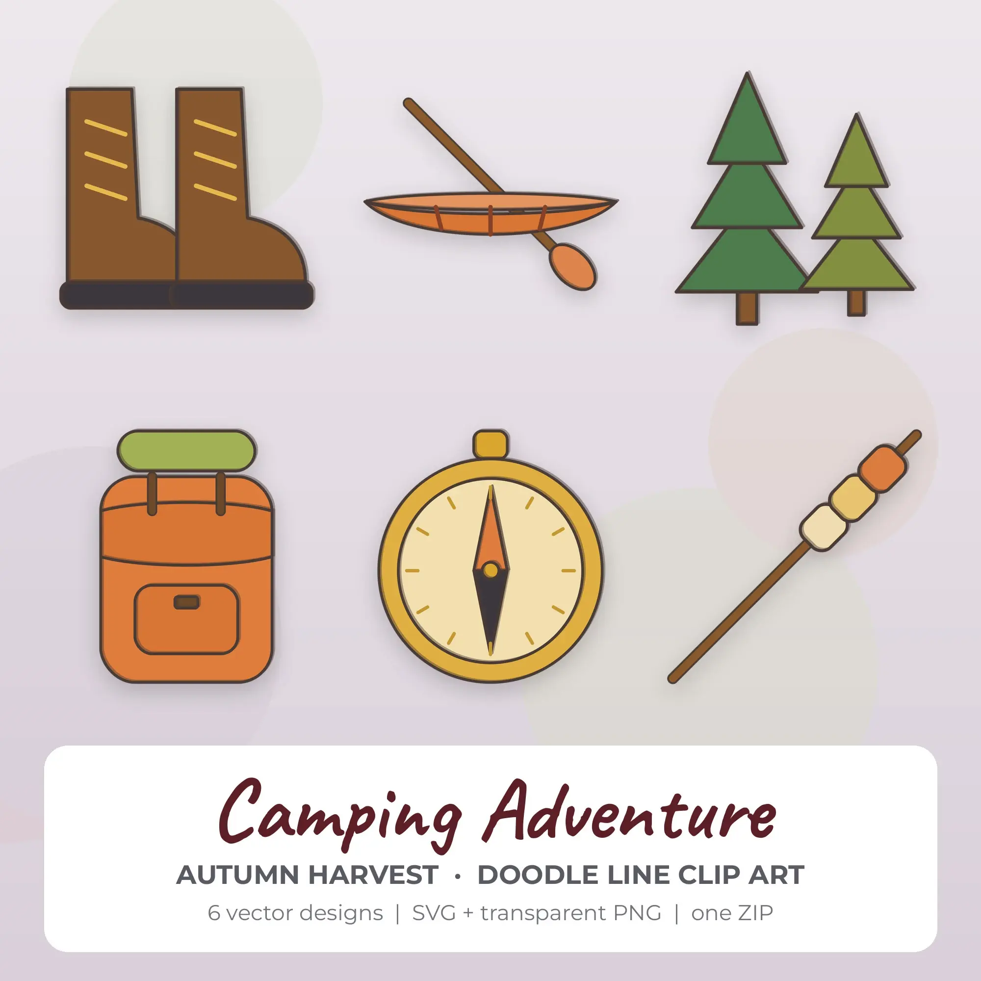 Camping Adventure Clipart, Autumn Harvest Doodle Line - 6 SVG PNG preview